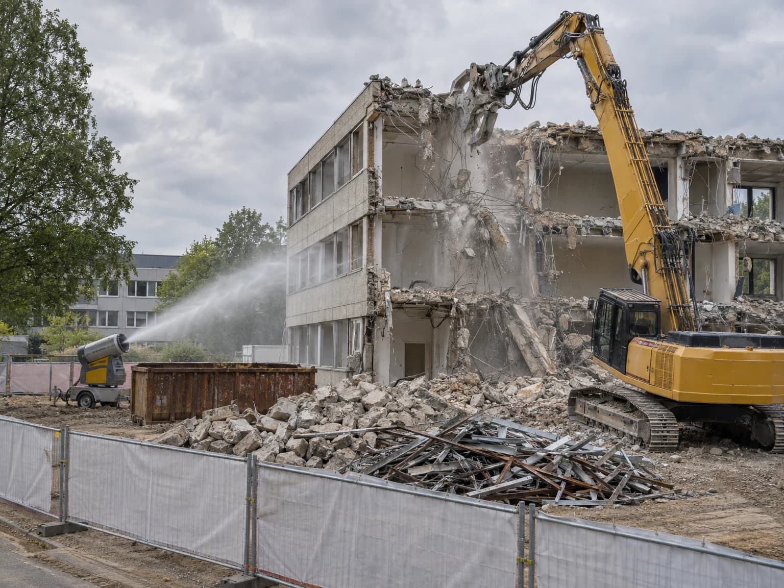 Abbruchbagger trägt ein mehrgeschossiges Betongebäude kontrolliert ab, daneben sortierter Bauschutt