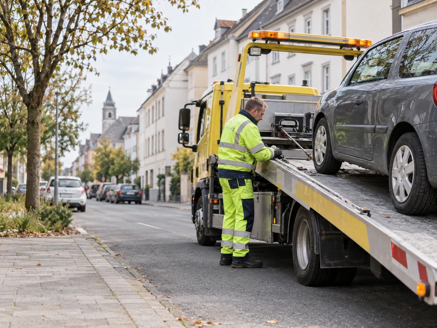 Abschleppwagen lädt ein Auto am Straßenrand auf