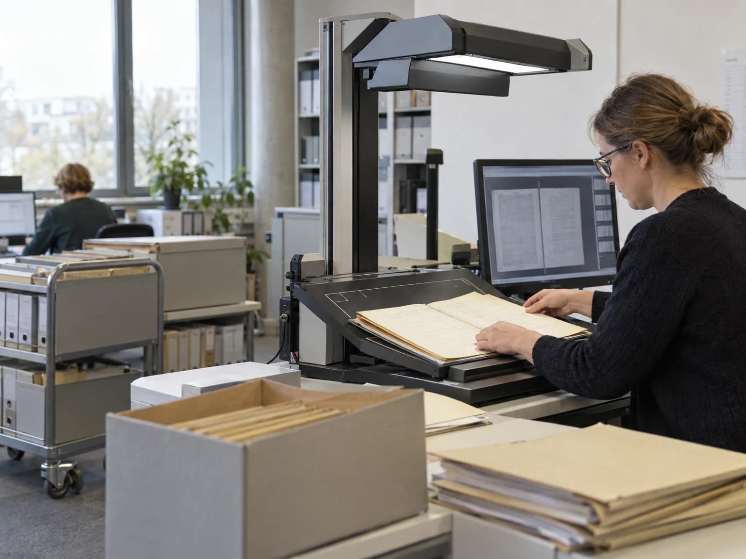 Mitarbeiterin digitalisiert Akten an einem Aufsichtscanner