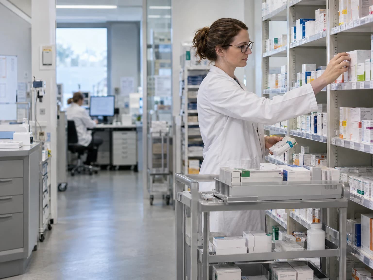 Apothekerin entnimmt Arzneimittel aus den Regalen einer Krankenhausapotheke