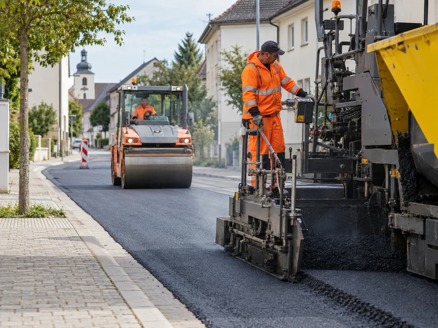 Asphaltfertiger und Walze bauen eine neue Fahrbahndecke ein