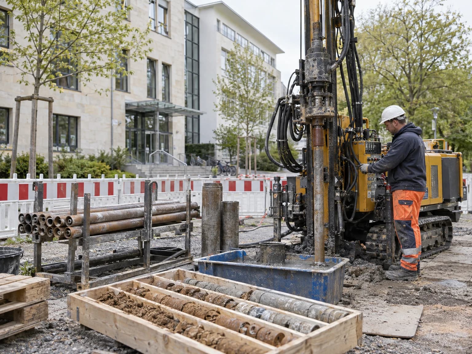 Bohrgerät auf einem Grundstück, daneben Bohrkerne in einer Kernkiste