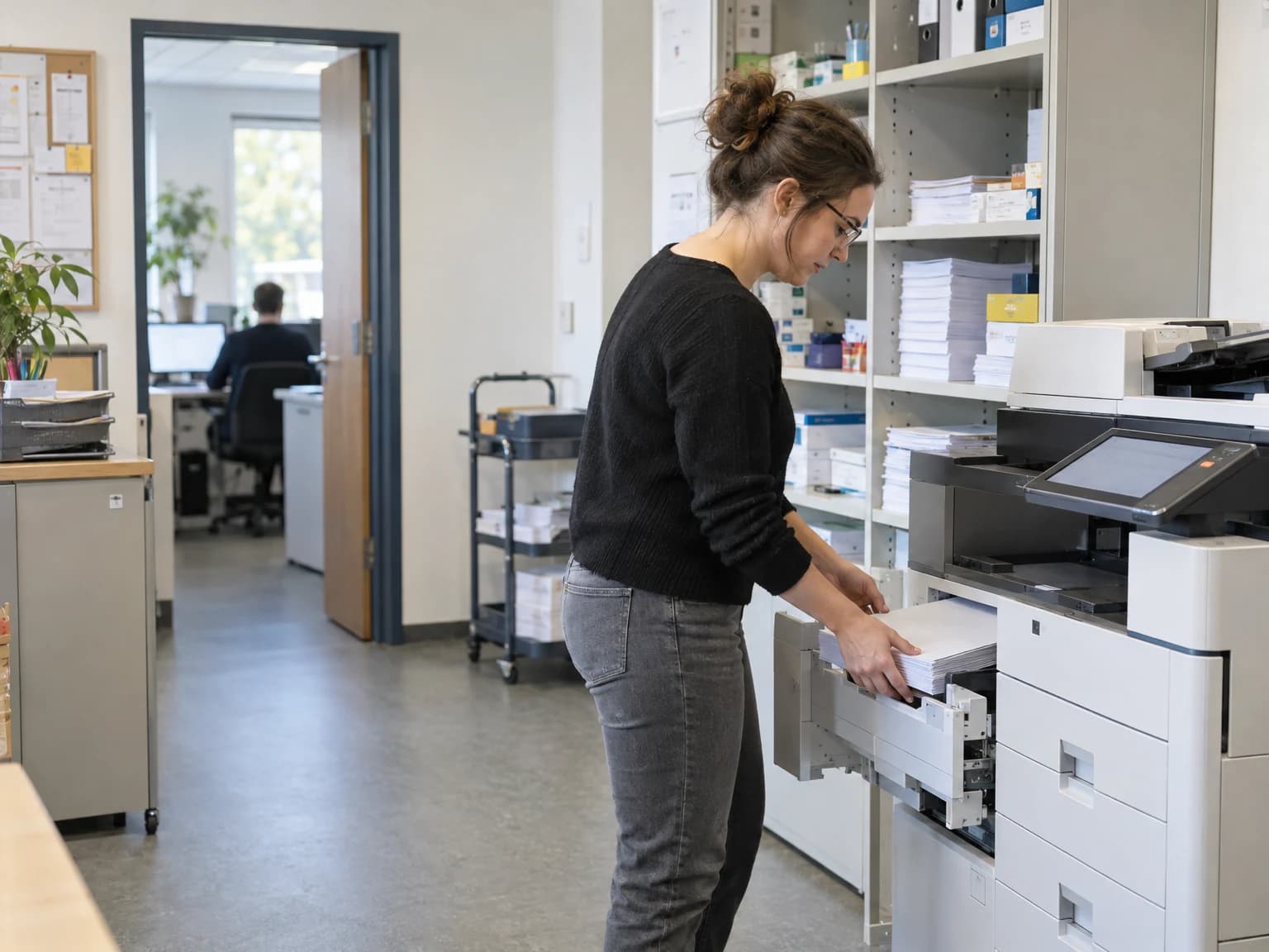Kopierraum mit Multifunktionsdrucker, Papier und Bürobedarf in einer Verwaltung