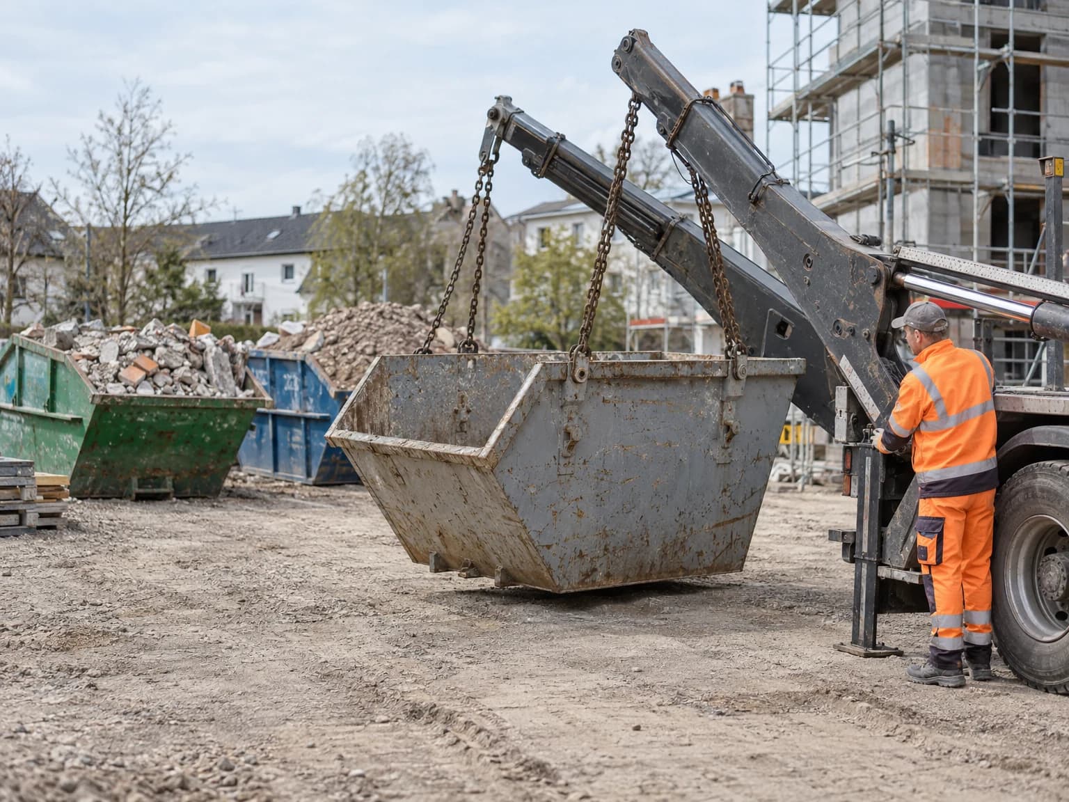 Absetzkipper stellt einen Container an einer Baustelle ab