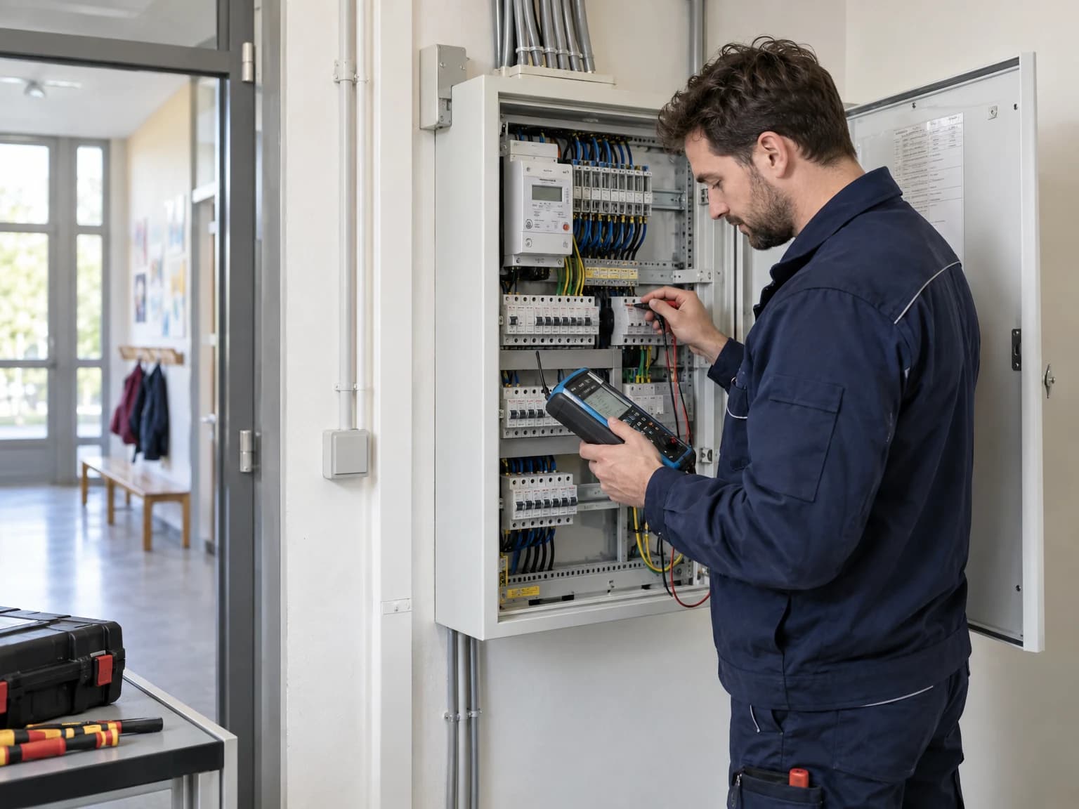 Elektrofachkraft prüft einen geordneten elektrischen Verteiler in einem öffentlichen Gebäude