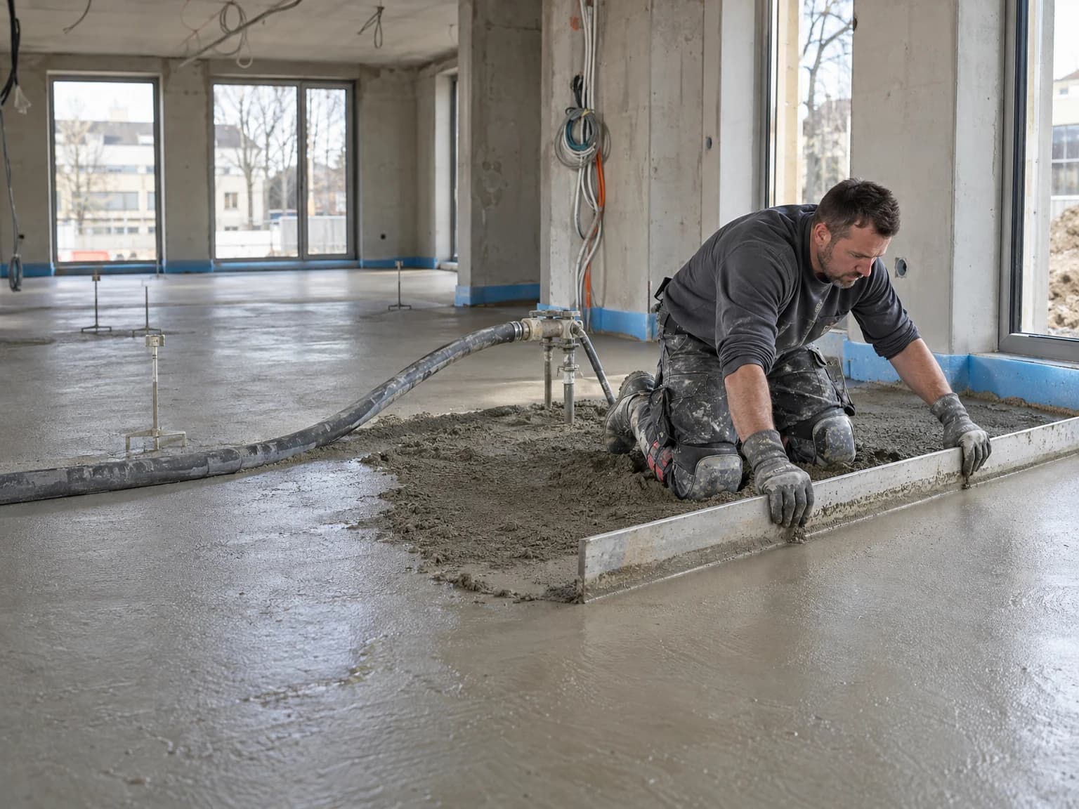 Estrichleger zieht frischen Estrich in einem Neubau ab
