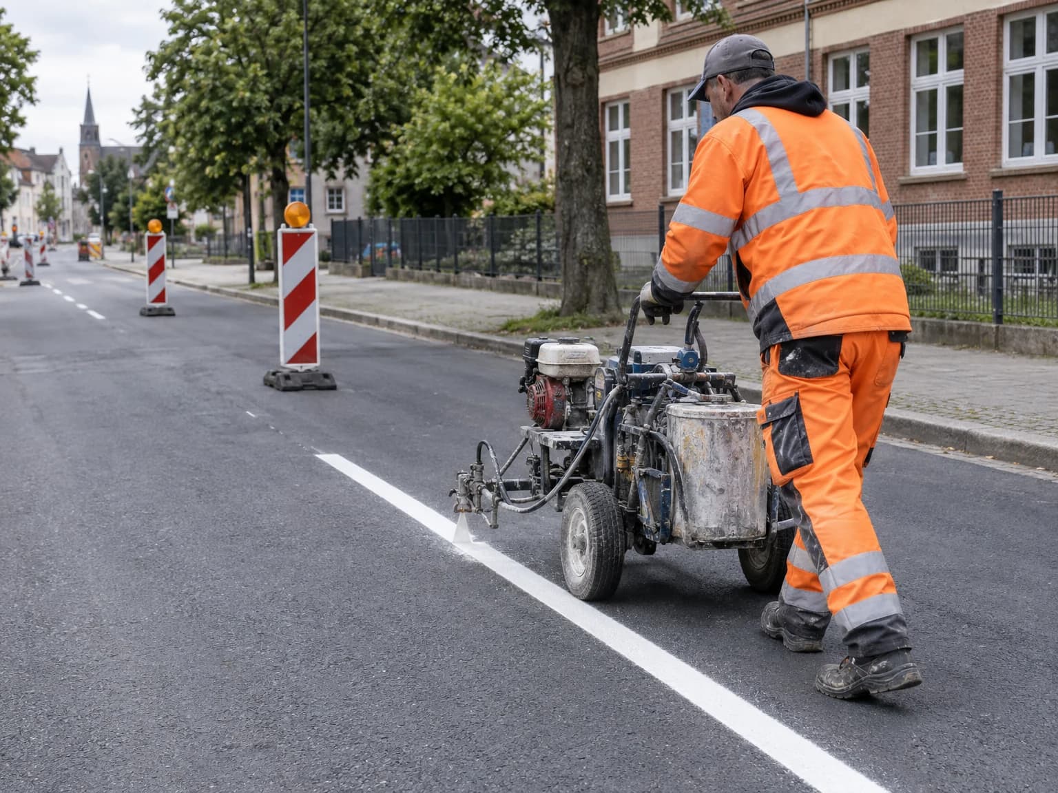 Fachkraft erneuert mit einer Markiermaschine weiße Fahrbahnmarkierungen auf einer abgesperrten deutschen Kommunalstraße