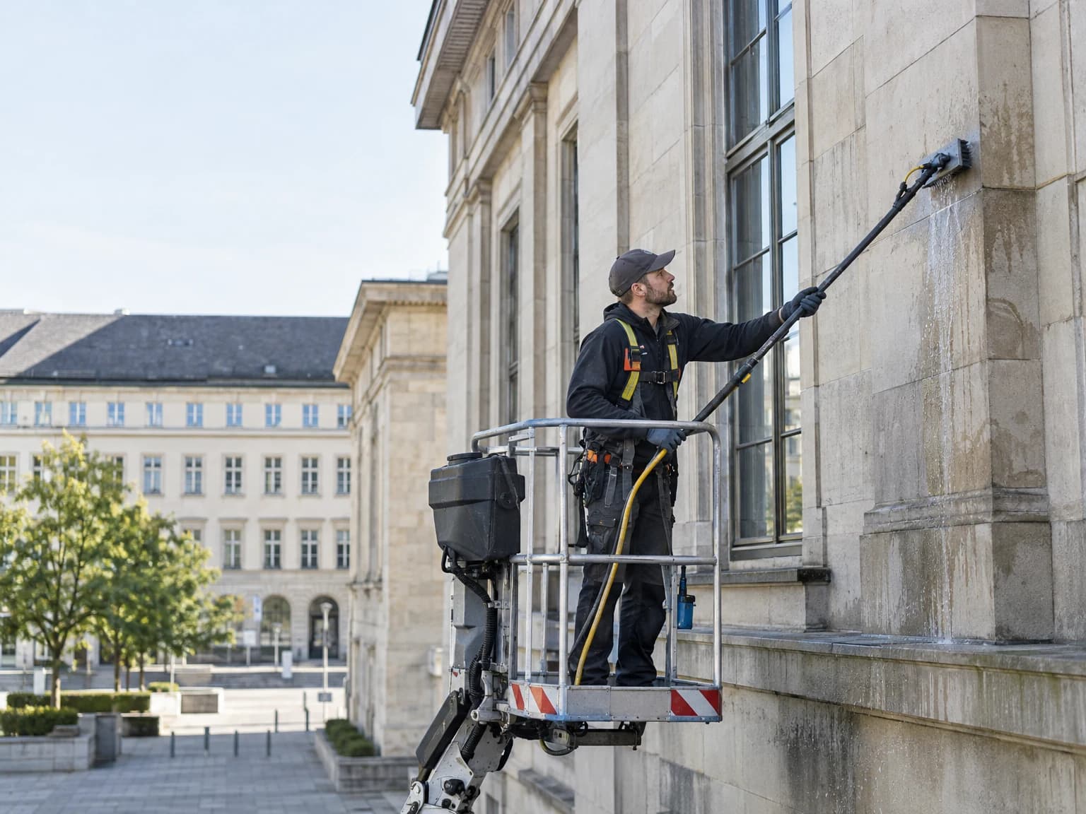 Reinigungskraft säubert von einer Arbeitsbühne aus eine Gebäudefassade
