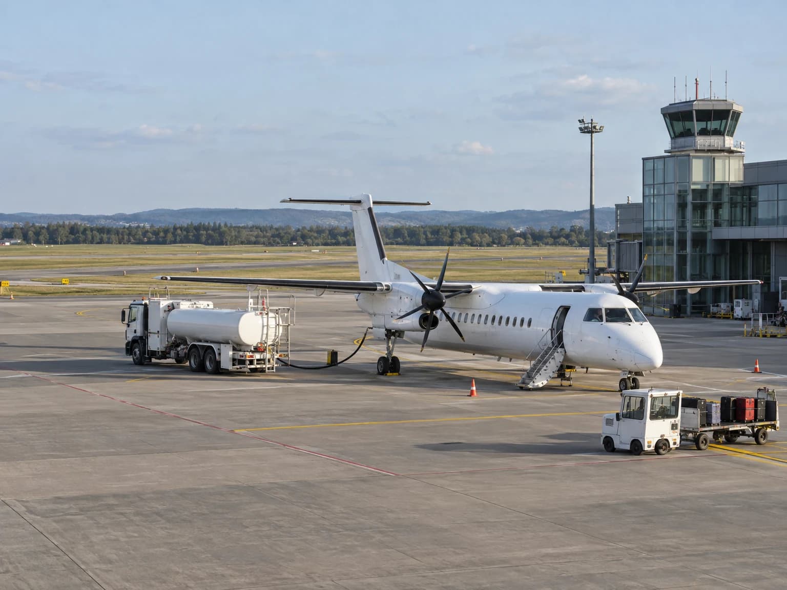 Vorfeld eines Regionalflughafens mit Terminal und Bodenfahrzeugen
