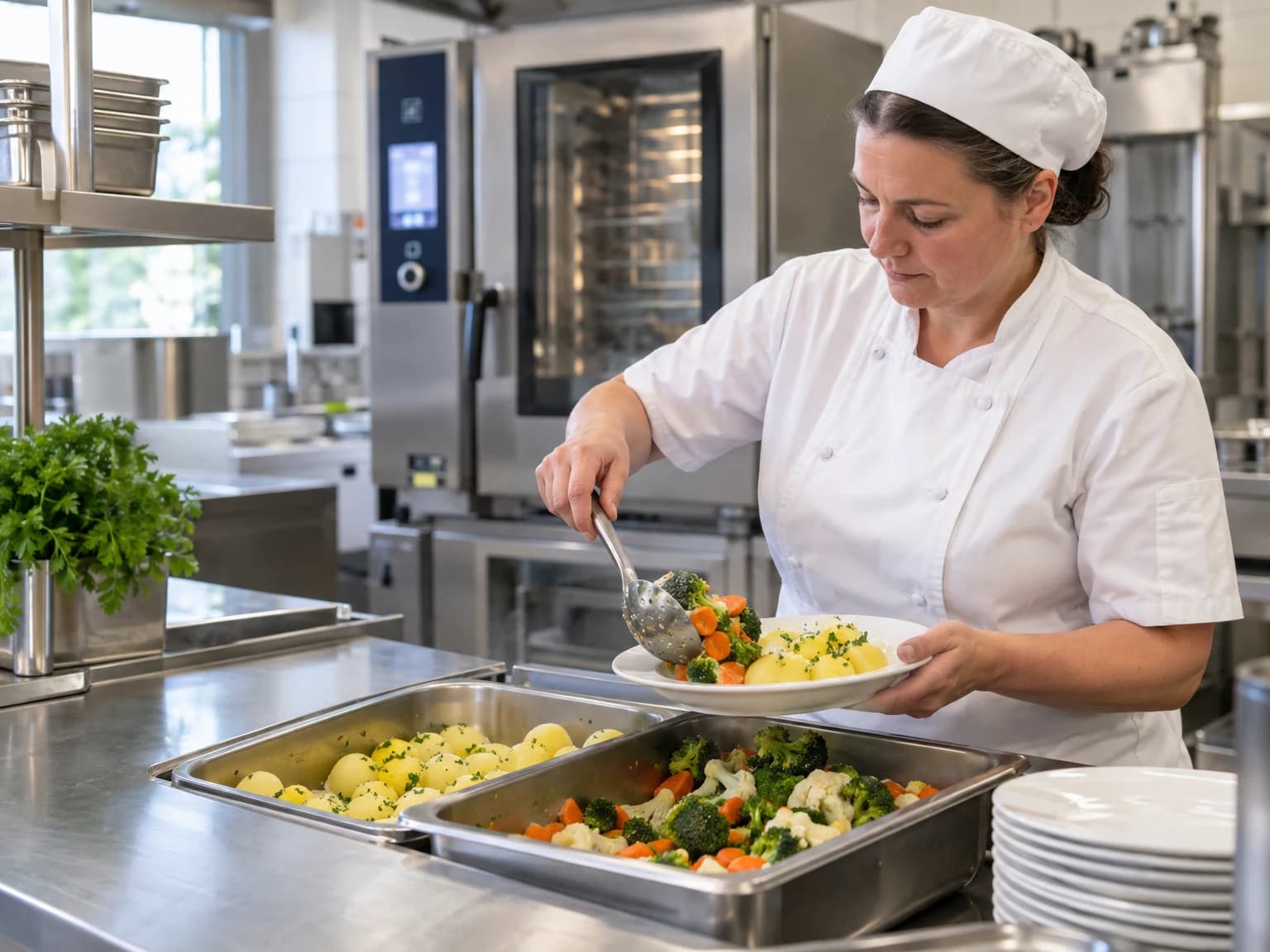 Küchenfachkraft portioniert ein warmes Mittagessen in einer professionellen Gemeinschaftsküche