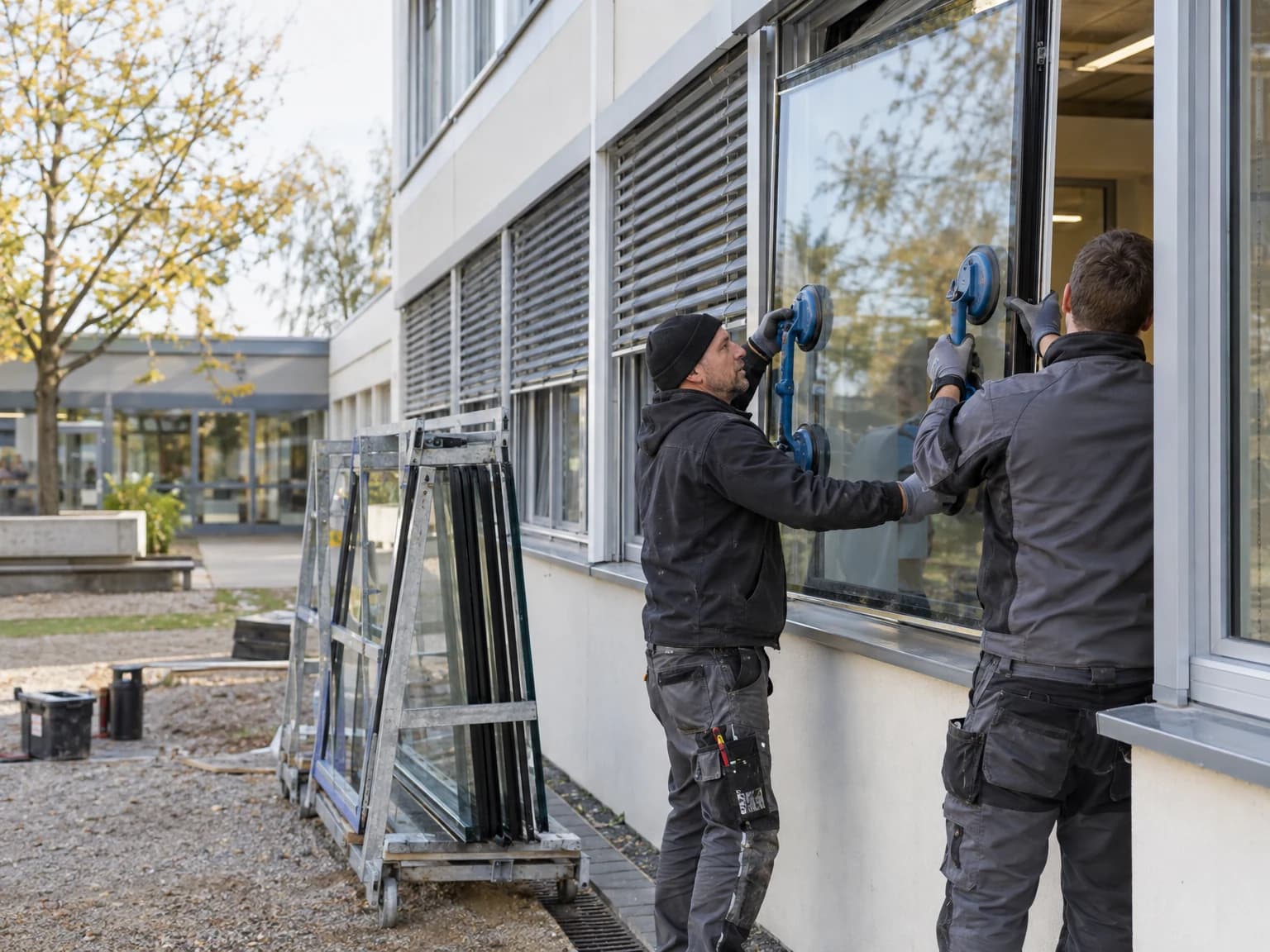 Zwei Glaser setzen eine große Glasscheibe in eine Fensterfront mit Außenjalousien ein