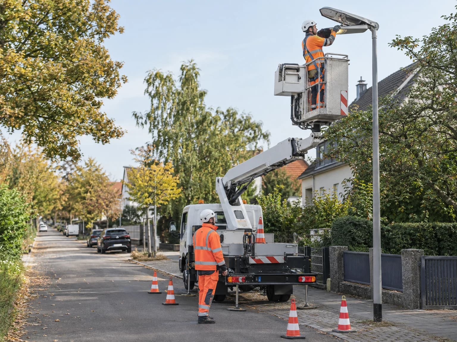 Elektriker wartet von einer Hubarbeitsbühne aus eine LED-Straßenleuchte