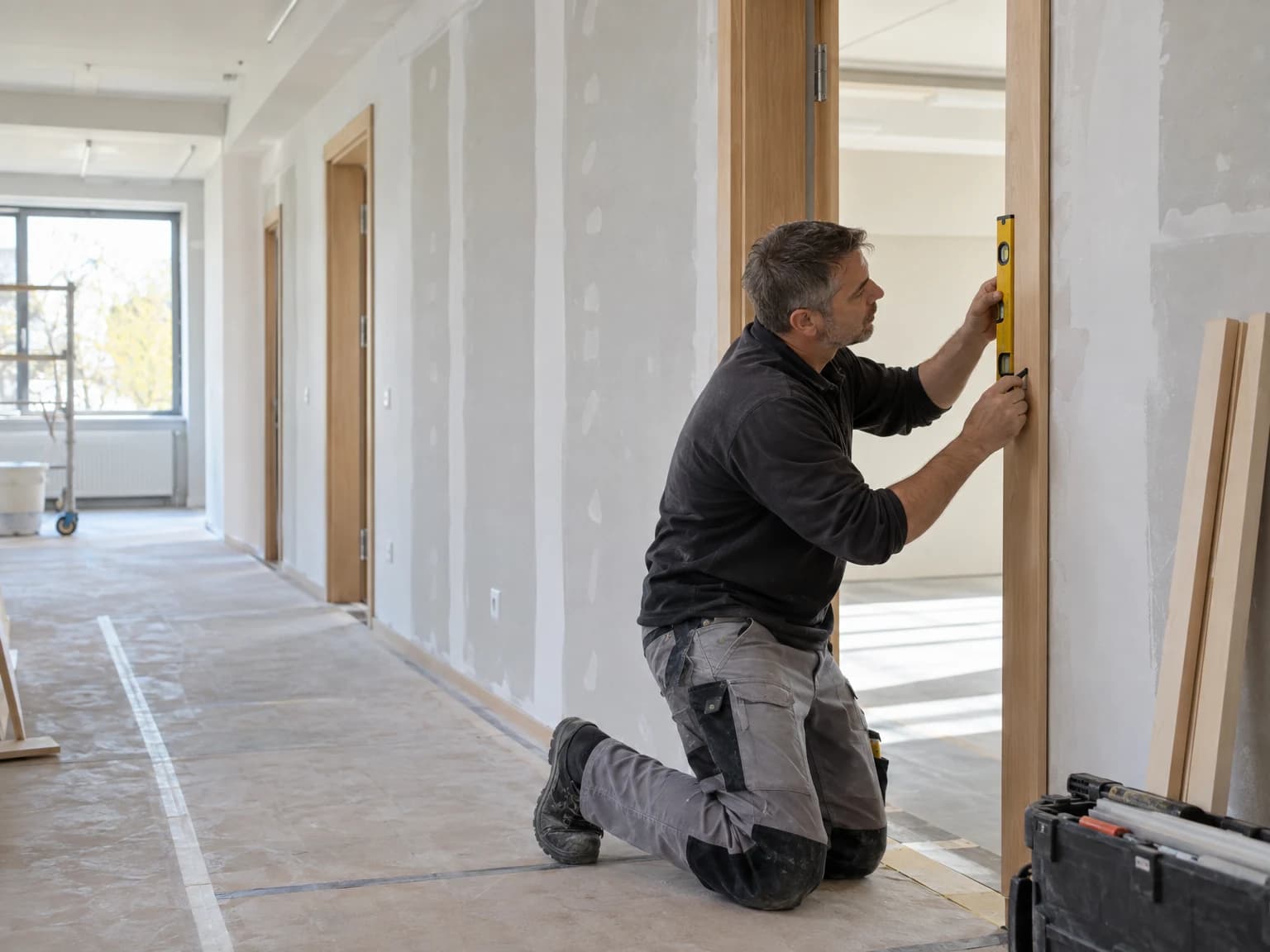 Handwerker passt eine hölzerne Türzarge im Innenausbau eines öffentlichen Gebäudes an