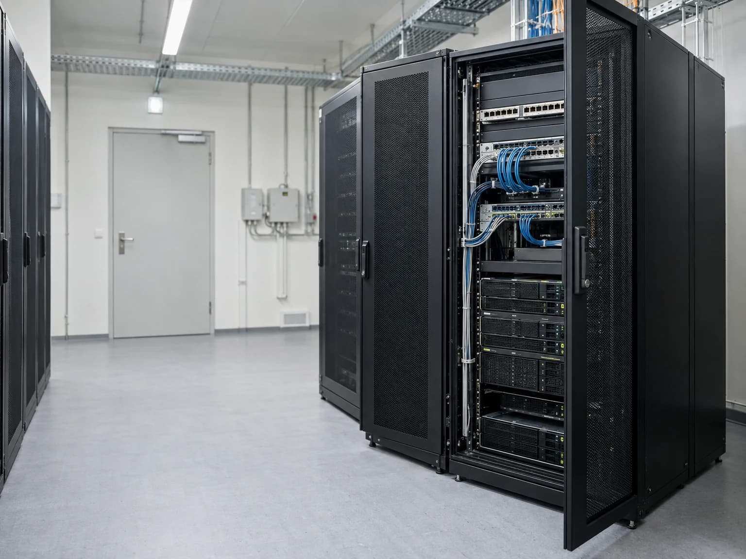 Geordnete Server- und Netzwerkschränke mit Patchfeldern in einem professionellen Serverraum