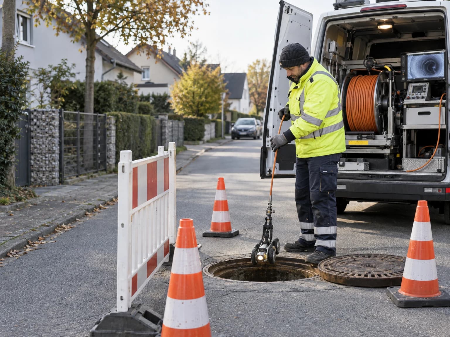 Kanal-TV-Fahrzeug an einem geöffneten Schacht, ein Kamerafahrwagen wird abgelassen