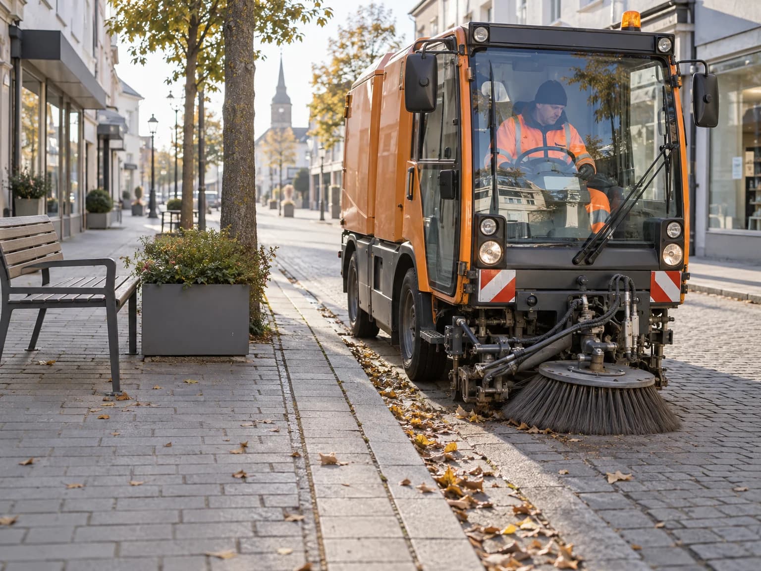 Kehrmaschine reinigt die Rinne einer innerstädtischen Straße