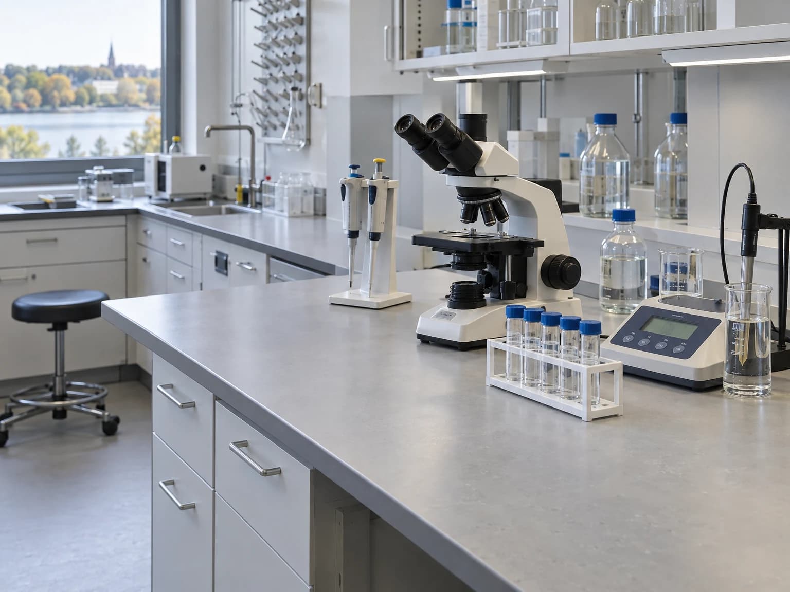Analytischer Laborarbeitsplatz mit Mikroskop, Pipetten, Probenständer und Analysegerät