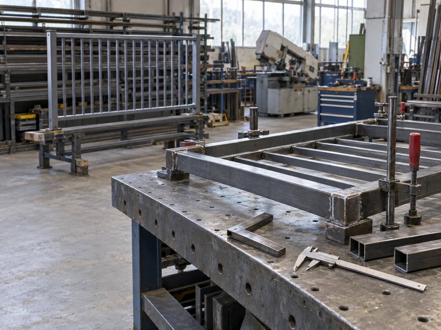 Stahlrahmen, Metallprofile und Werkzeuge auf einer Werkbank in einer Metallbauwerkstatt