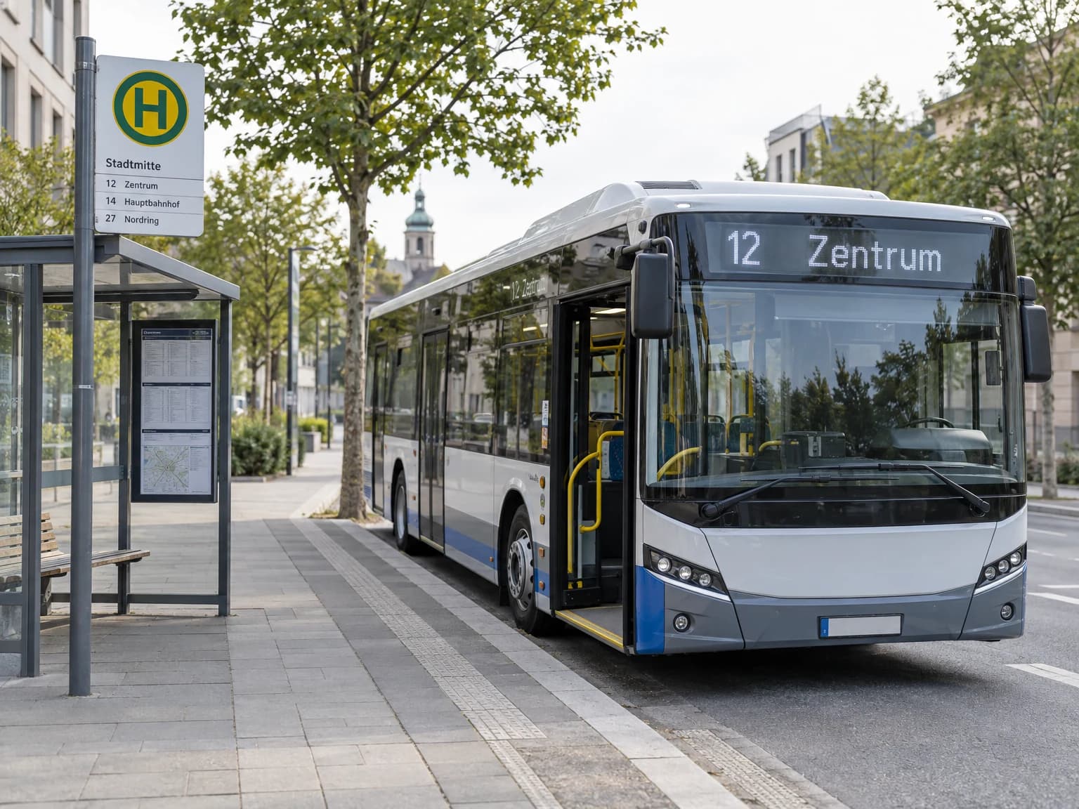 Moderner Niederflur-Linienbus an einer deutschen Haltestelle mit Wartehäuschen und Fahrgastinformation