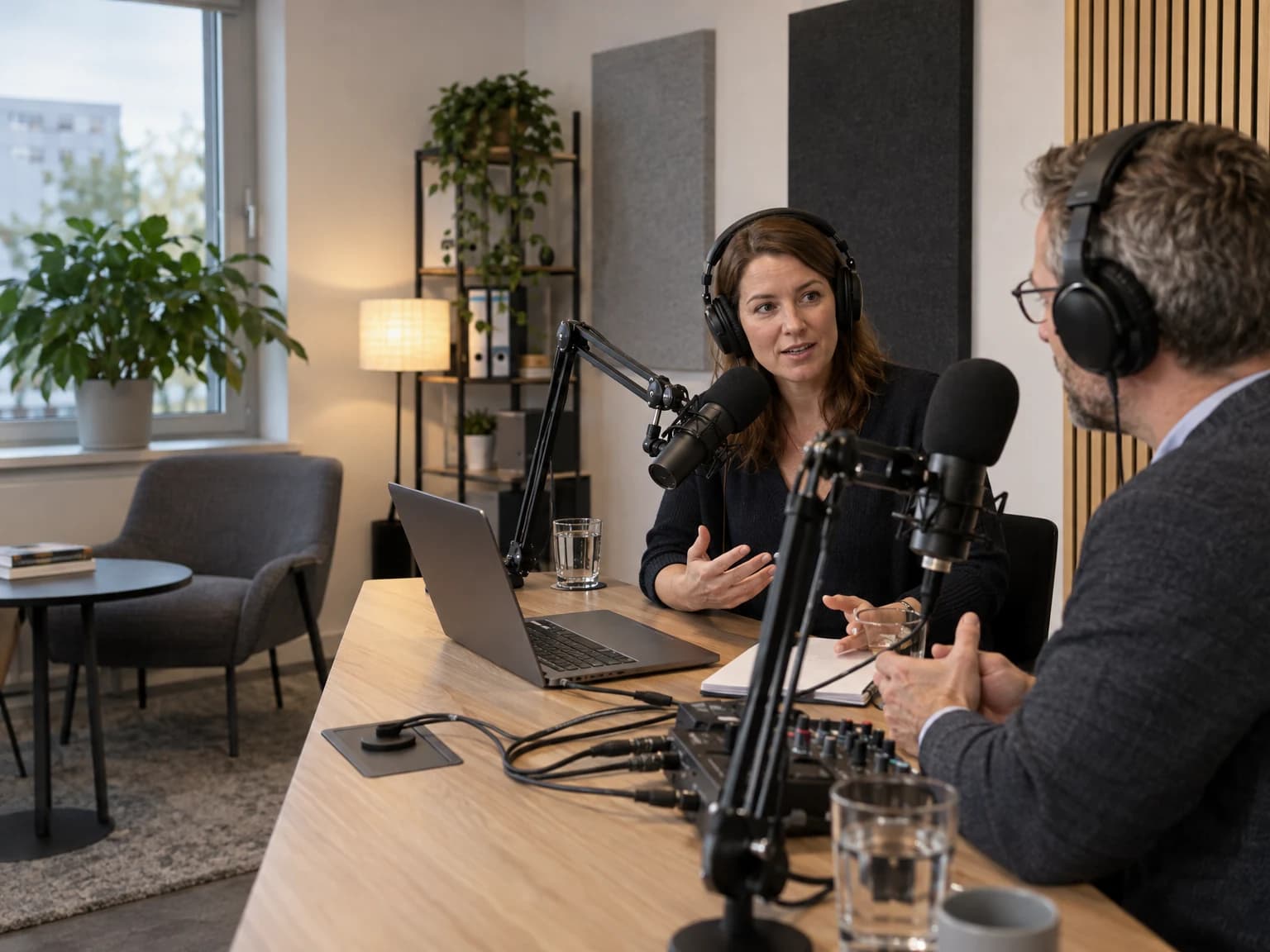 Zwei Personen nehmen in einem kleinen Studio einen Podcast auf