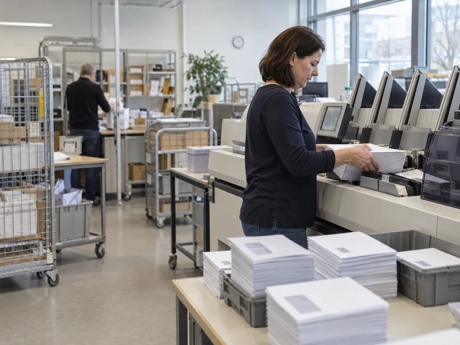 Mitarbeiterin bedient eine Kuvertiermaschine in einer Poststelle
