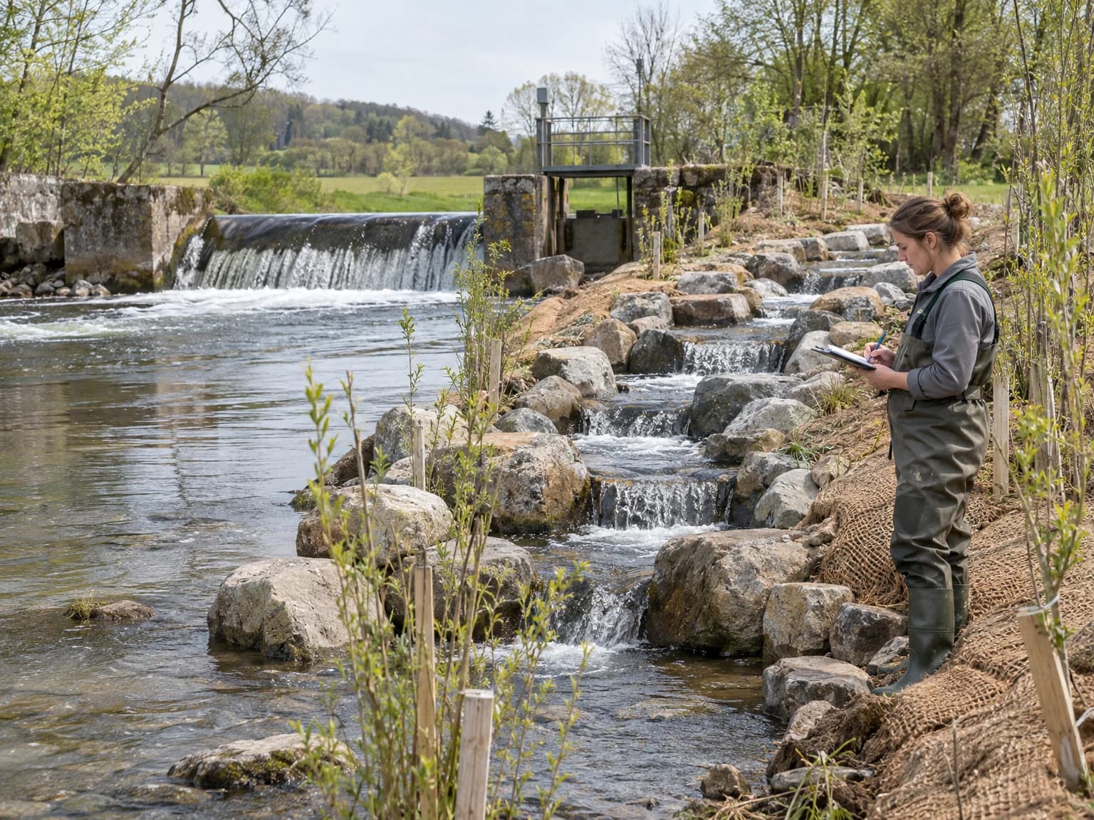 Naturnah umgestalteter Bach mit Fischtreppe aus Steinriegeln
