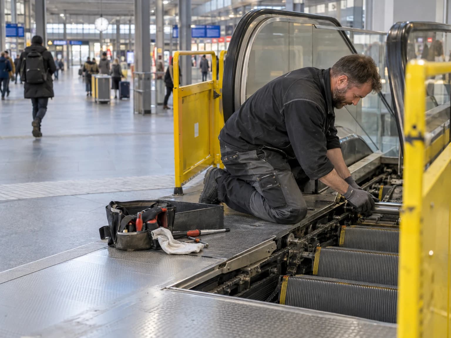 Techniker wartet eine Fahrtreppe in einem Bahnhof, der Zugang ist abgesperrt