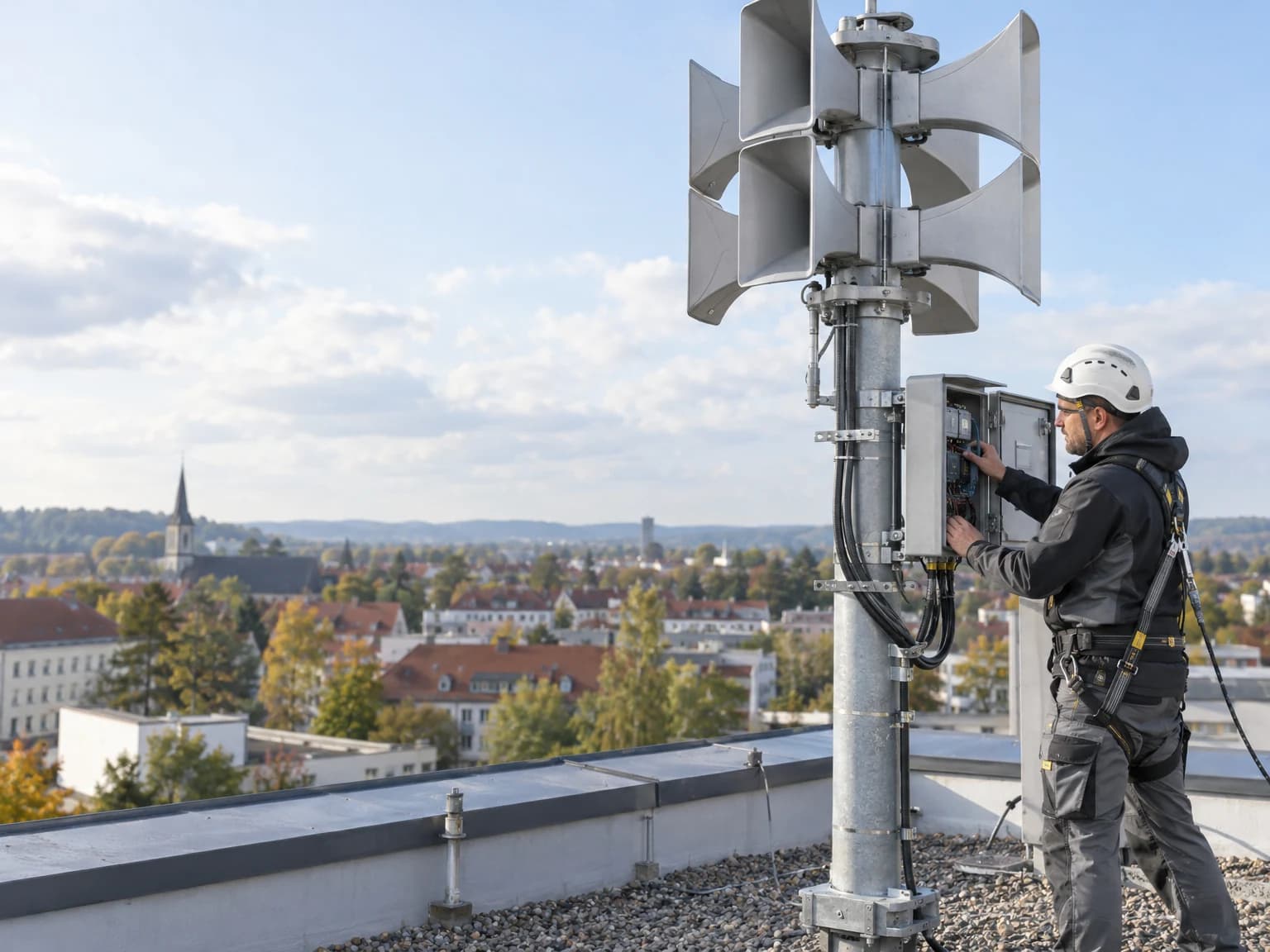 Techniker prüft eine elektronische Sirene auf dem Dach eines Gebäudes