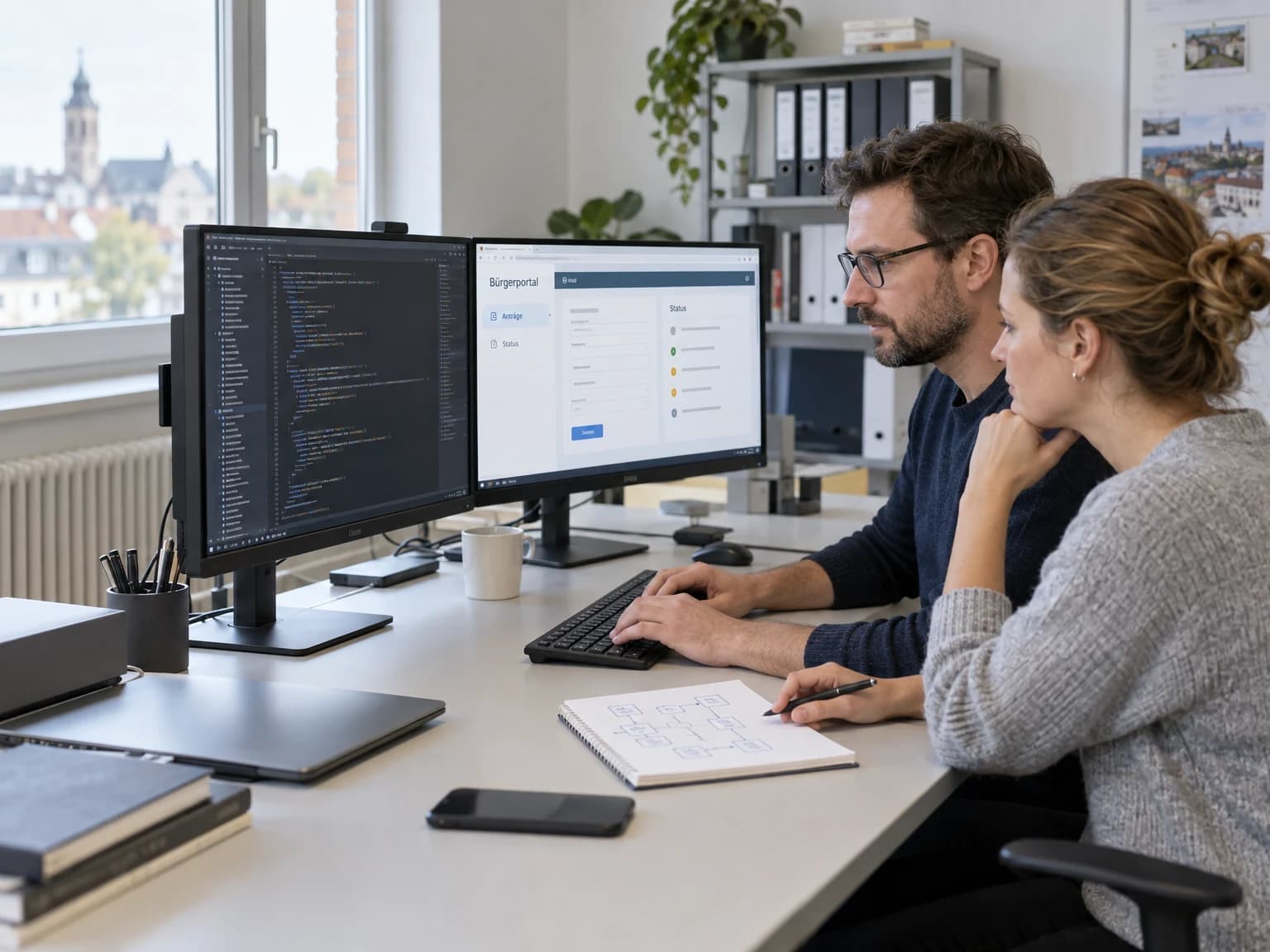 Zwei Softwarefachkräfte entwickeln ein Bürgerportal mit Quellcode und deutscher Verwaltungsoberfläche auf zwei Monitoren