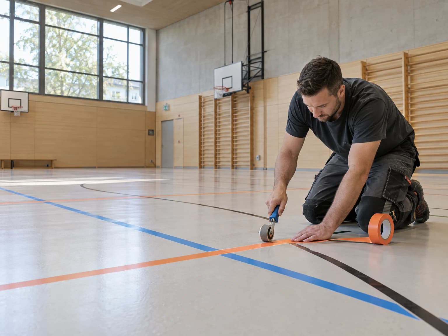 Bodenleger arbeitet am Boden einer Sporthalle mit Spielfeldlinien