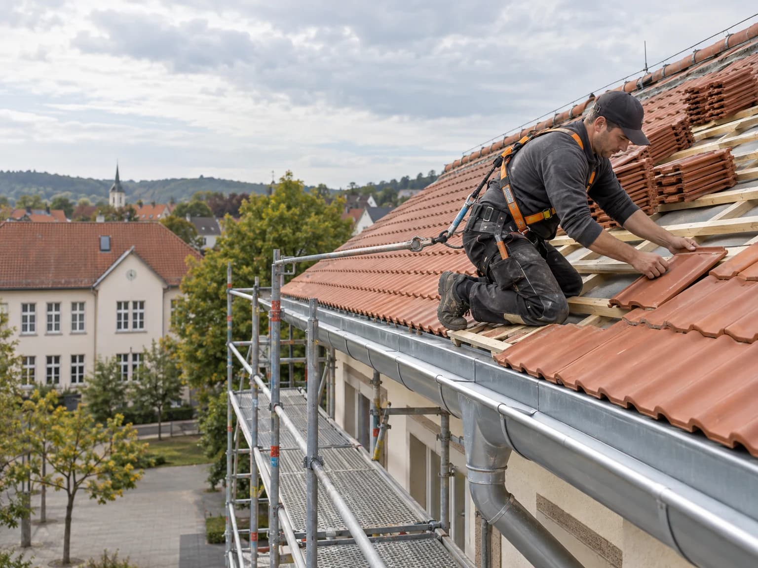 Dachdecker deckt das Steildach eines öffentlichen Gebäudes mit Tonziegeln, Dachrinne und Blitzableiter sichtbar
