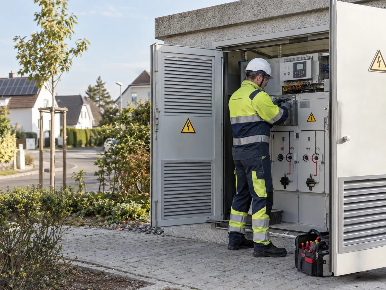 Netztechniker arbeitet an einer Mittelspannungsschaltanlage in einer Trafostation
