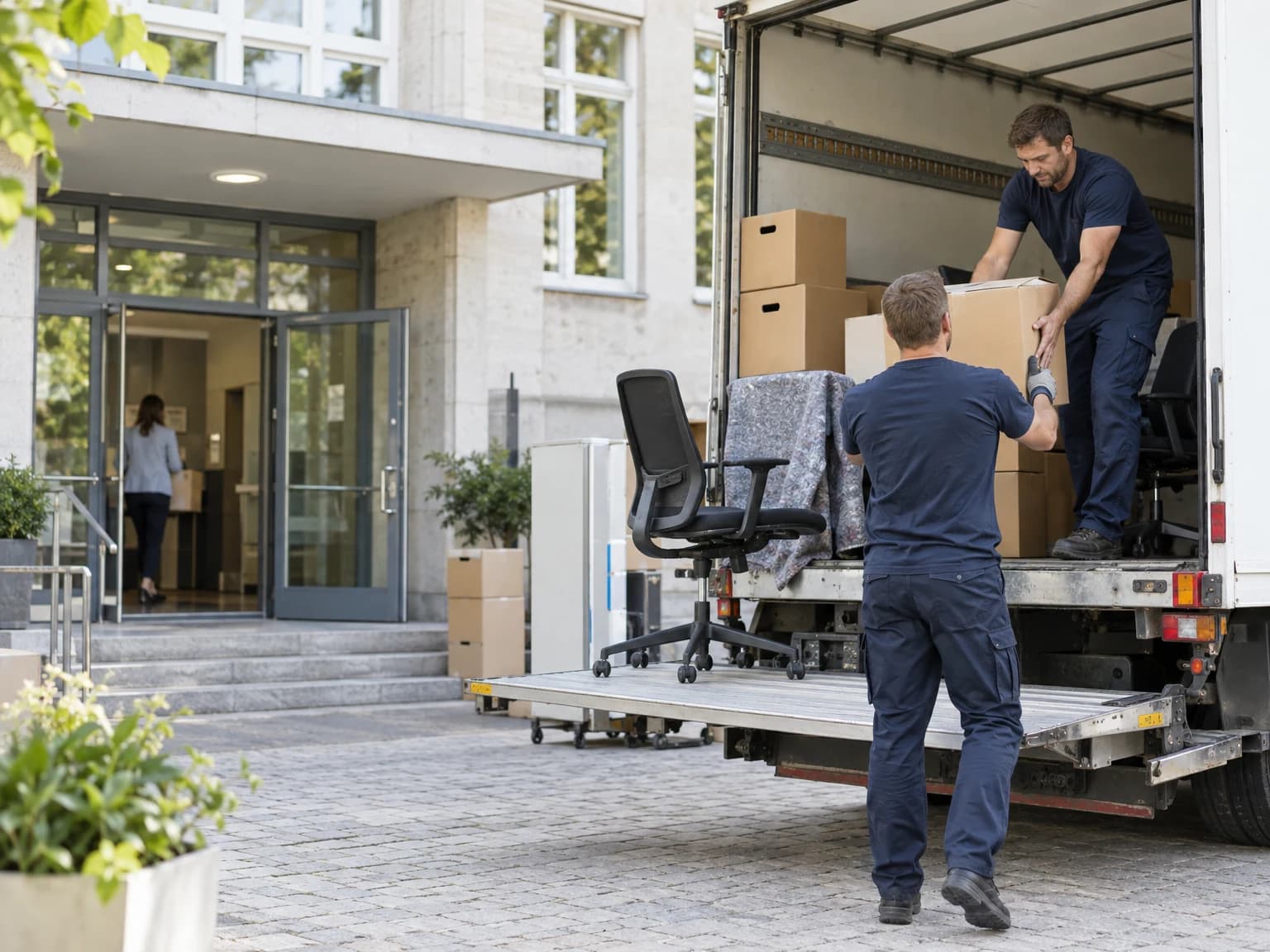 Umzugshelfer laden Kisten und Bürostühle vor einem Verwaltungsgebäude in einen Lkw