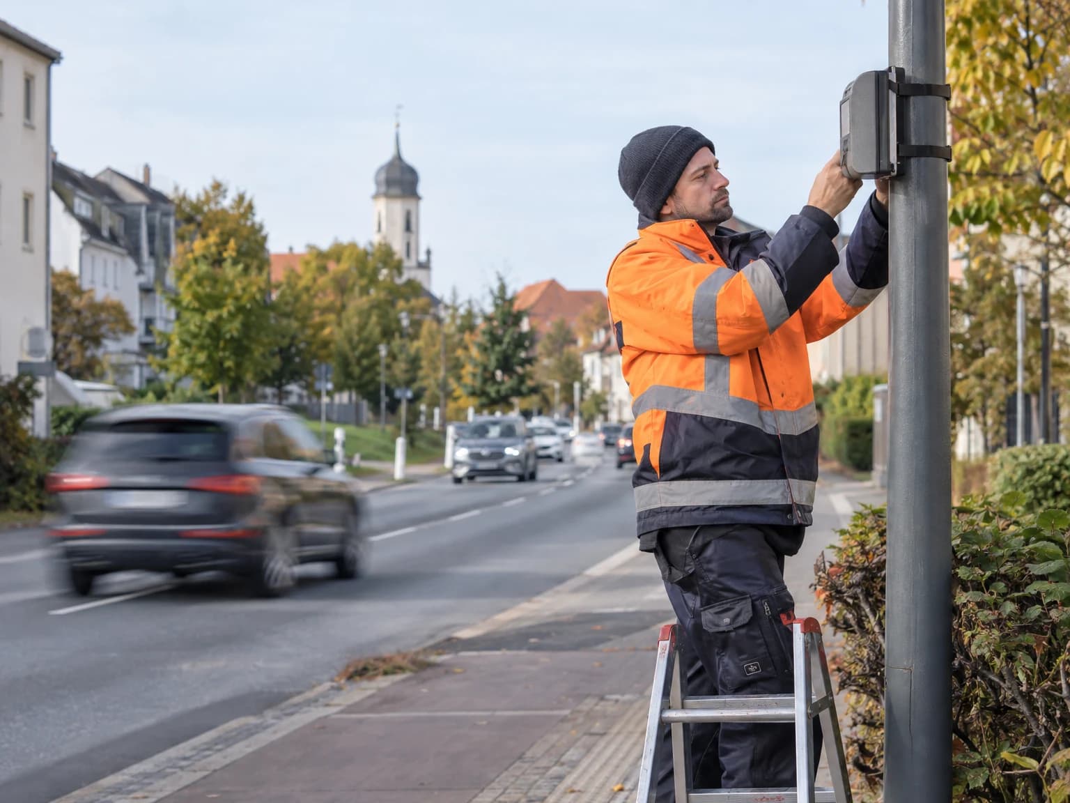 Techniker befestigt ein Zählgerät für eine Verkehrserhebung an einem Mast