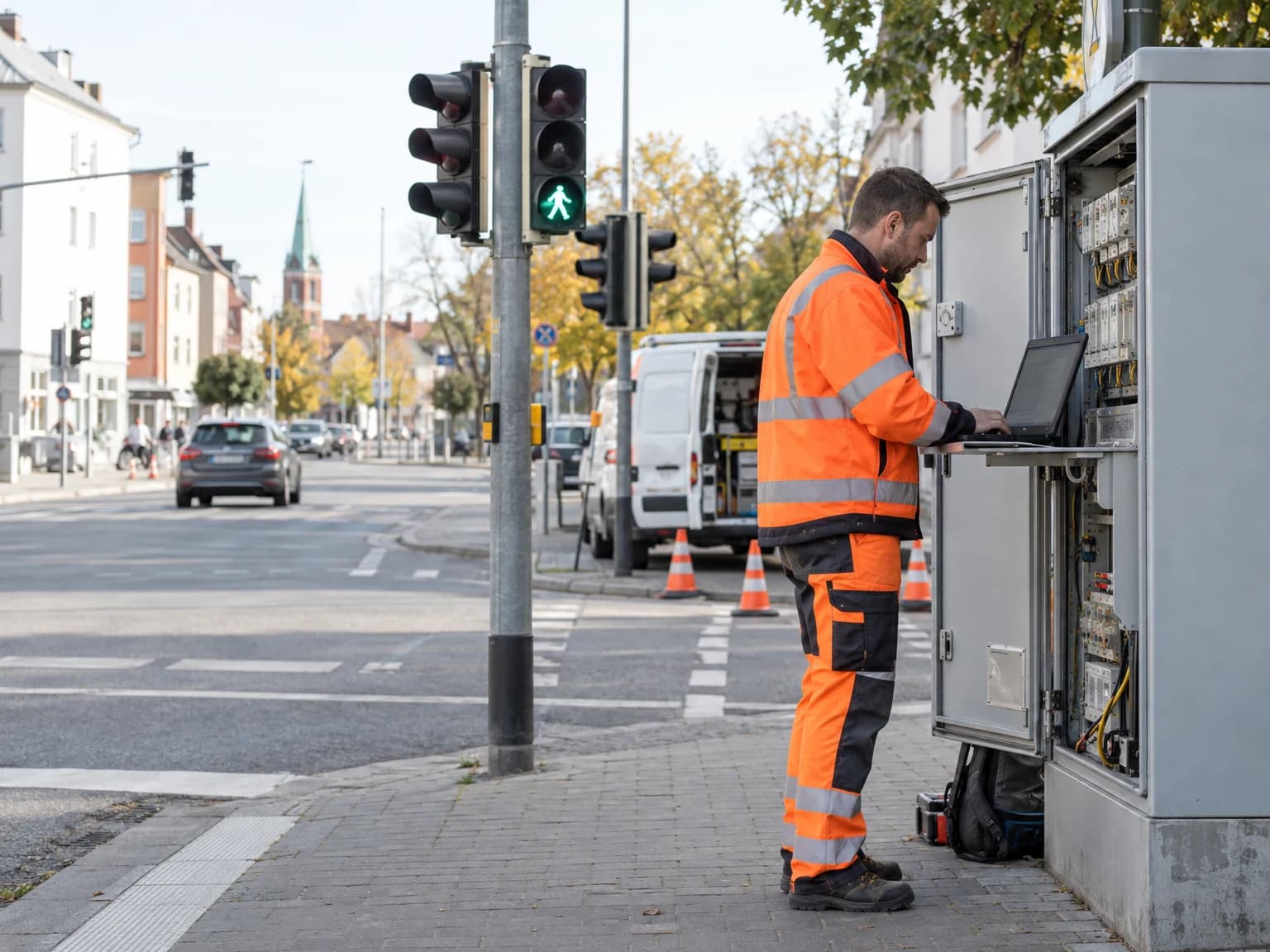Techniker arbeitet am geöffneten Steuergerät einer Ampelanlage an einer Kreuzung