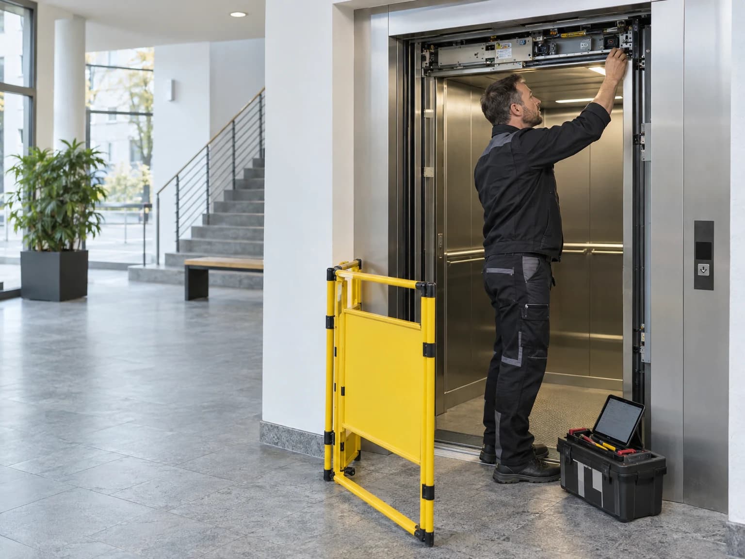 Aufzugstechniker prüft eine Aufzugsanlage an der geöffneten Schachttür