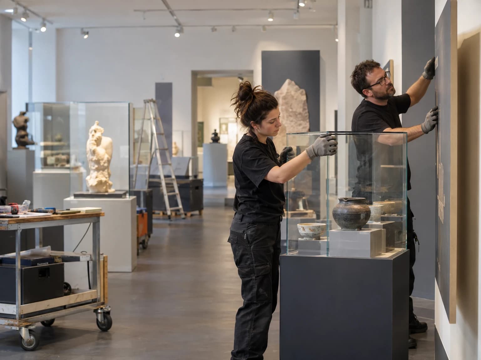 Ausstellungsgestalter richten Vitrinen und Tafeln in einem Museum ein