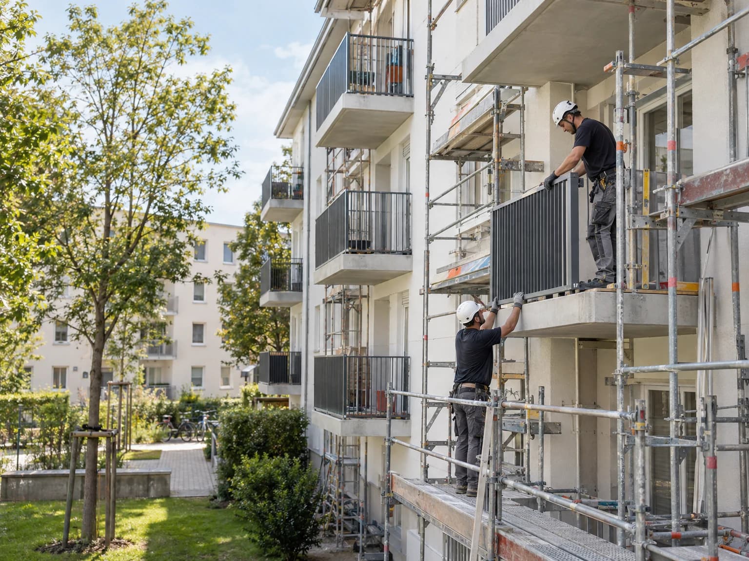 Mehrfamilienhaus mit Gerüst, die Balkone werden saniert