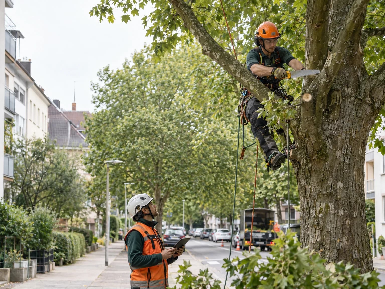 Baumpfleger schneidet in Seilklettertechnik einen Straßenbaum, ein Kollege sichert von unten