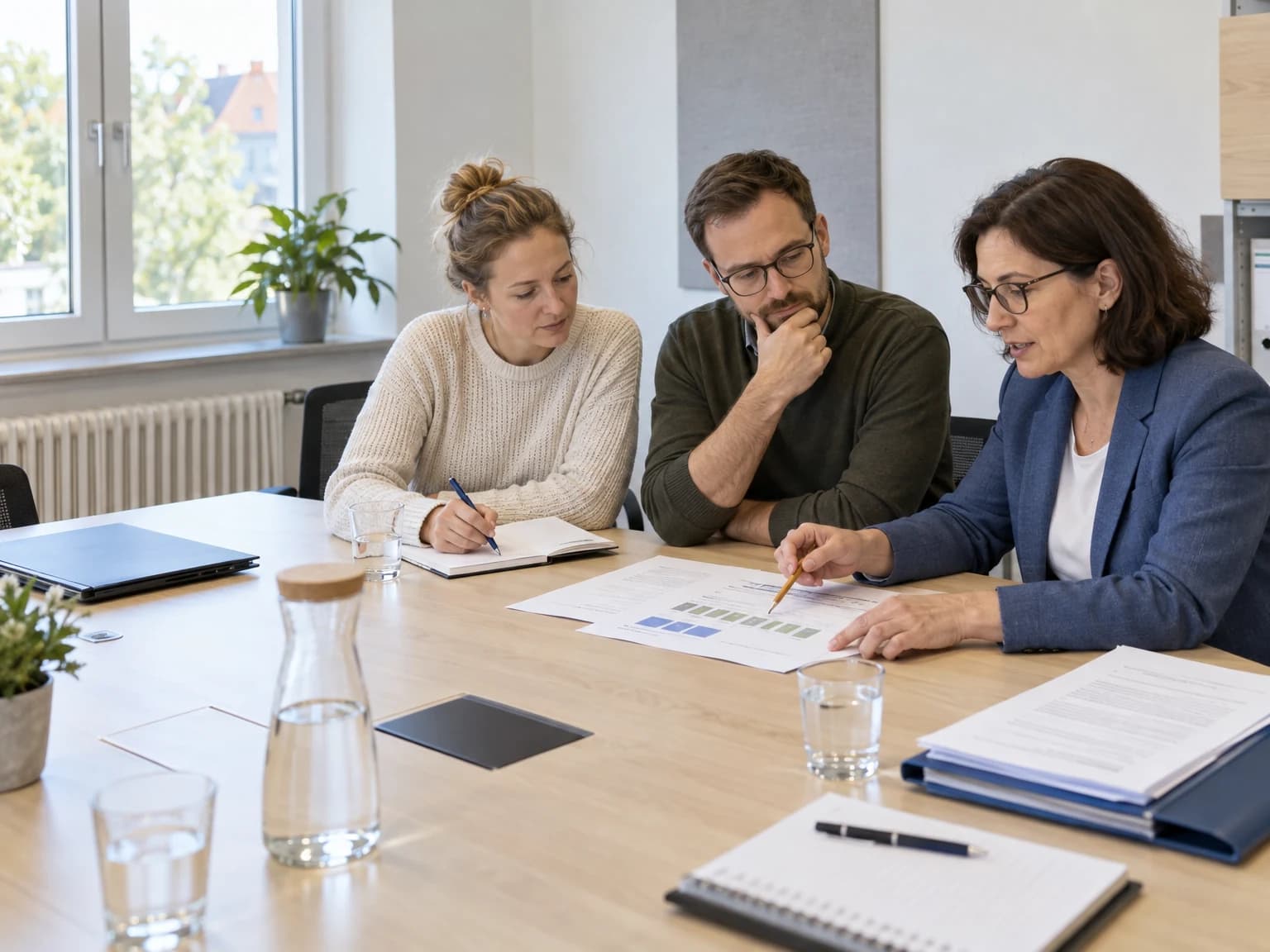 Drei Fachleute besprechen Projektunterlagen und Auswertungen in einem sachlichen Besprechungsraum
