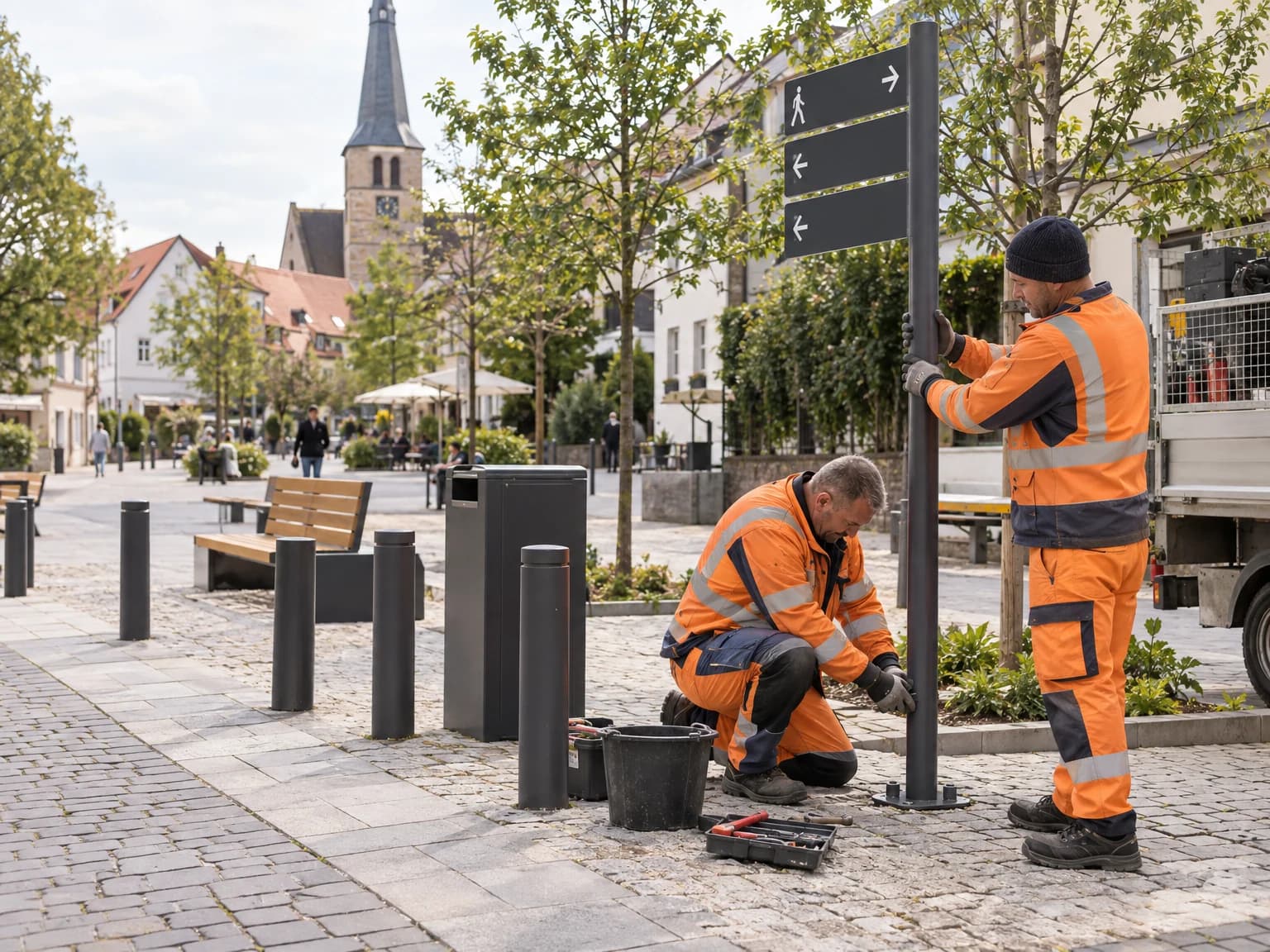 Monteure setzen einen Wegweiser, daneben neue Bänke und Poller