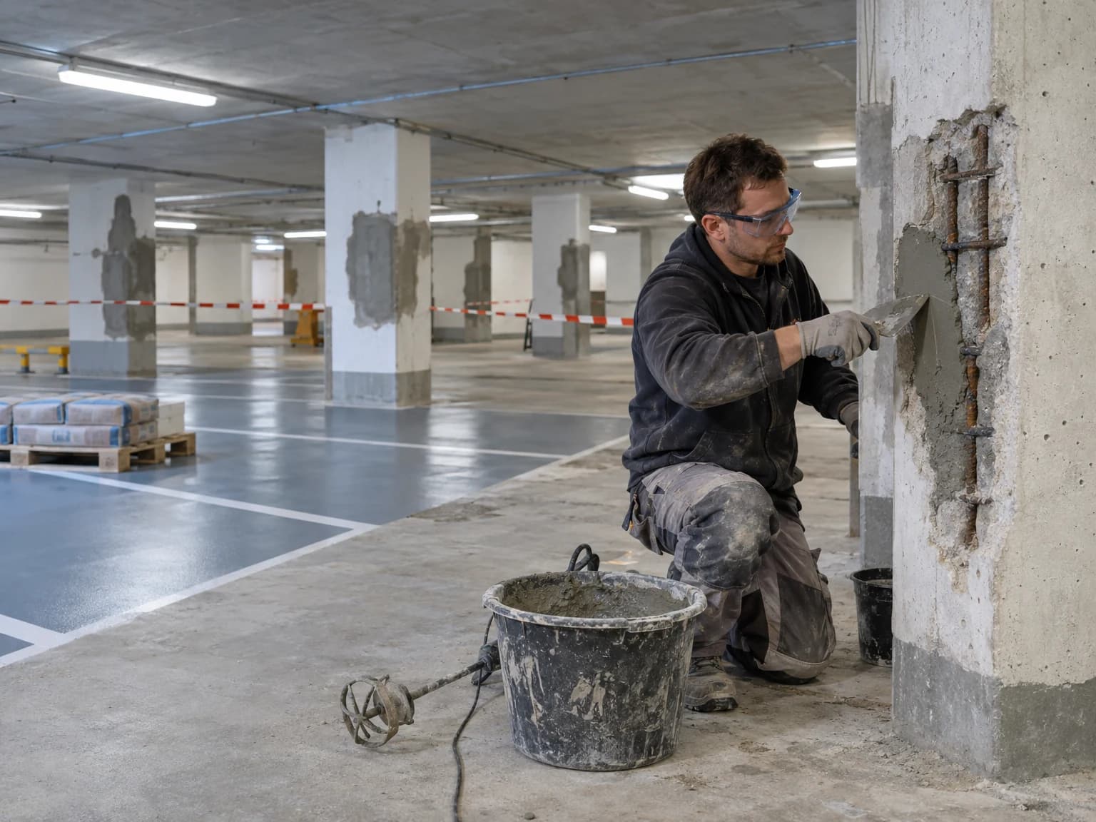 Fachkraft bessert Betonstützen in einer Tiefgarage aus, daneben frisch beschichteter Boden