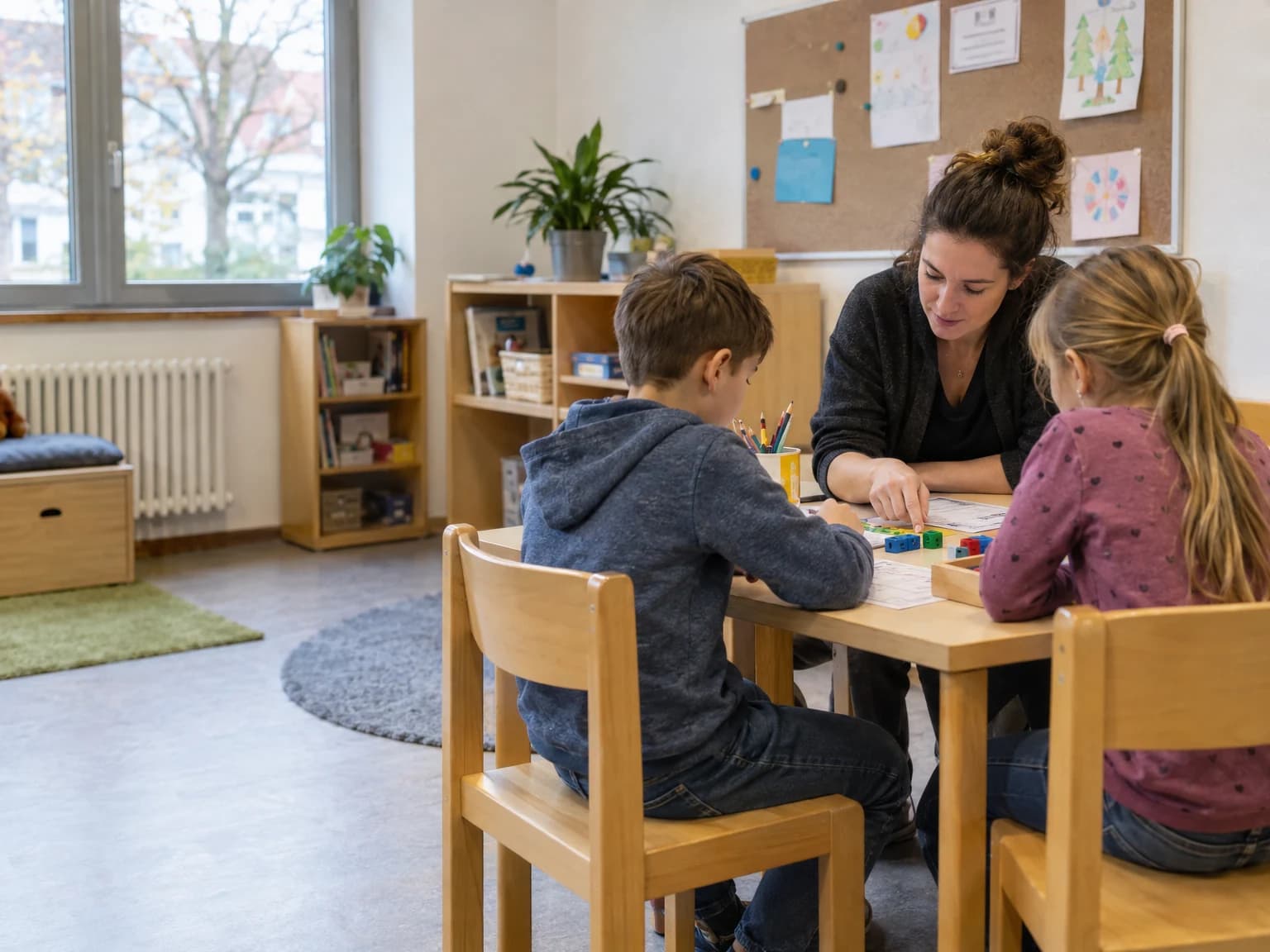 Pädagogische Fachkraft unterstützt zwei Kinder beim Lernen an einem Tisch in einem hellen Betreuungsraum