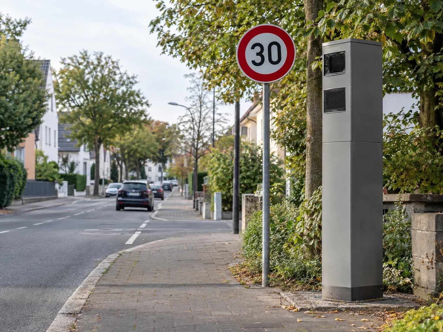 Säule zur Geschwindigkeitsüberwachung an einer innerörtlichen Straße