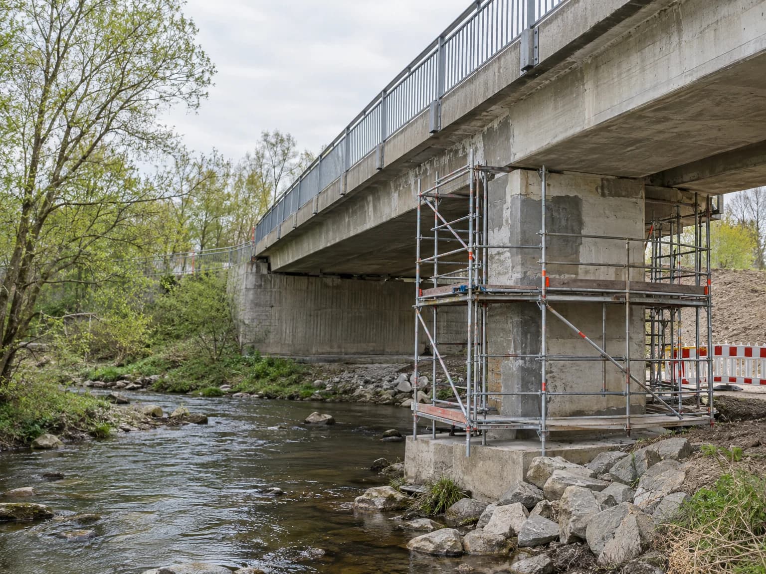 Stahlbetonbrücke mit Arbeitsgerüst und sichtbaren Instandsetzungsbereichen an einem deutschen Verkehrsweg