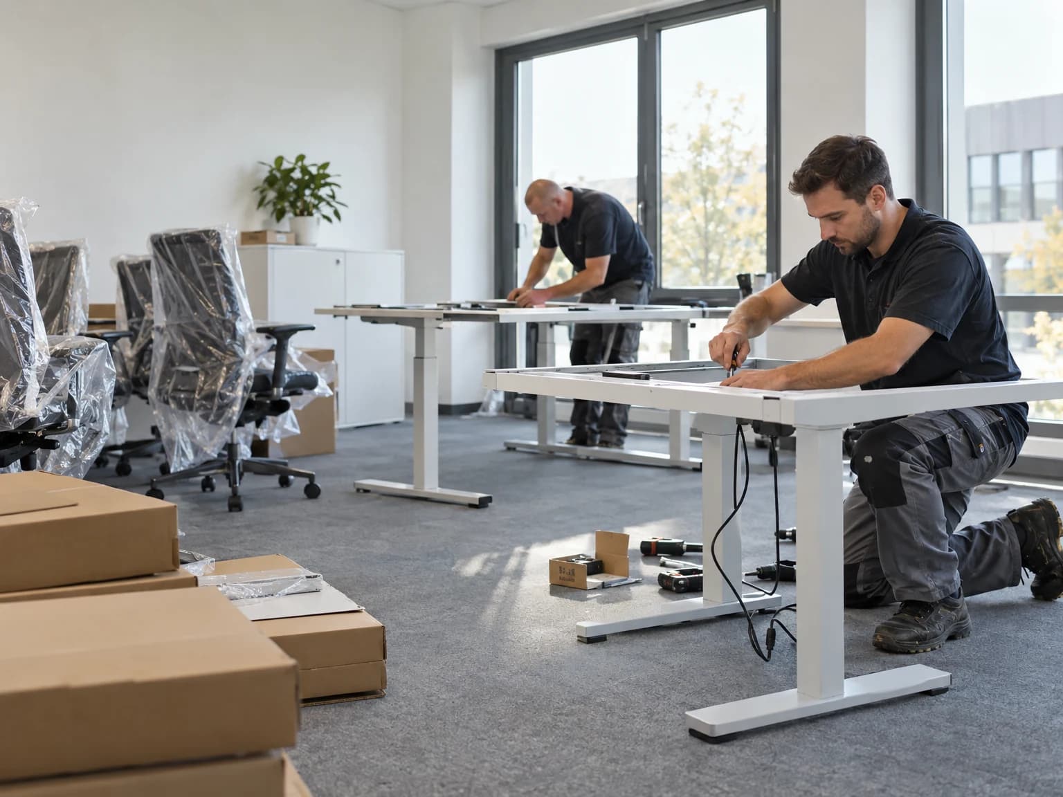 Monteure bauen höhenverstellbare Schreibtische in einem Büro auf