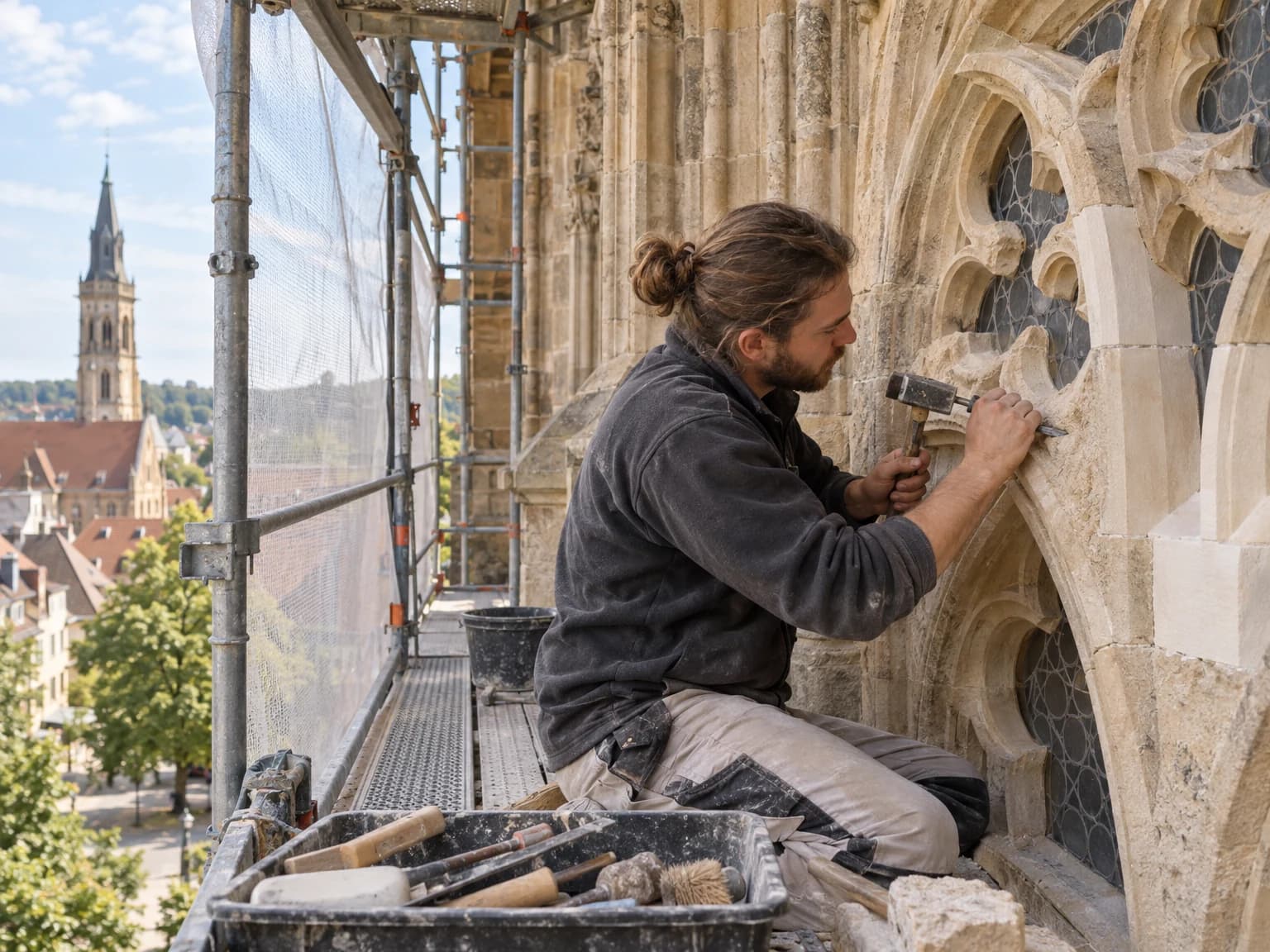 Restaurator bearbeitet eine Sandsteinfassade an einem historischen Gebäude