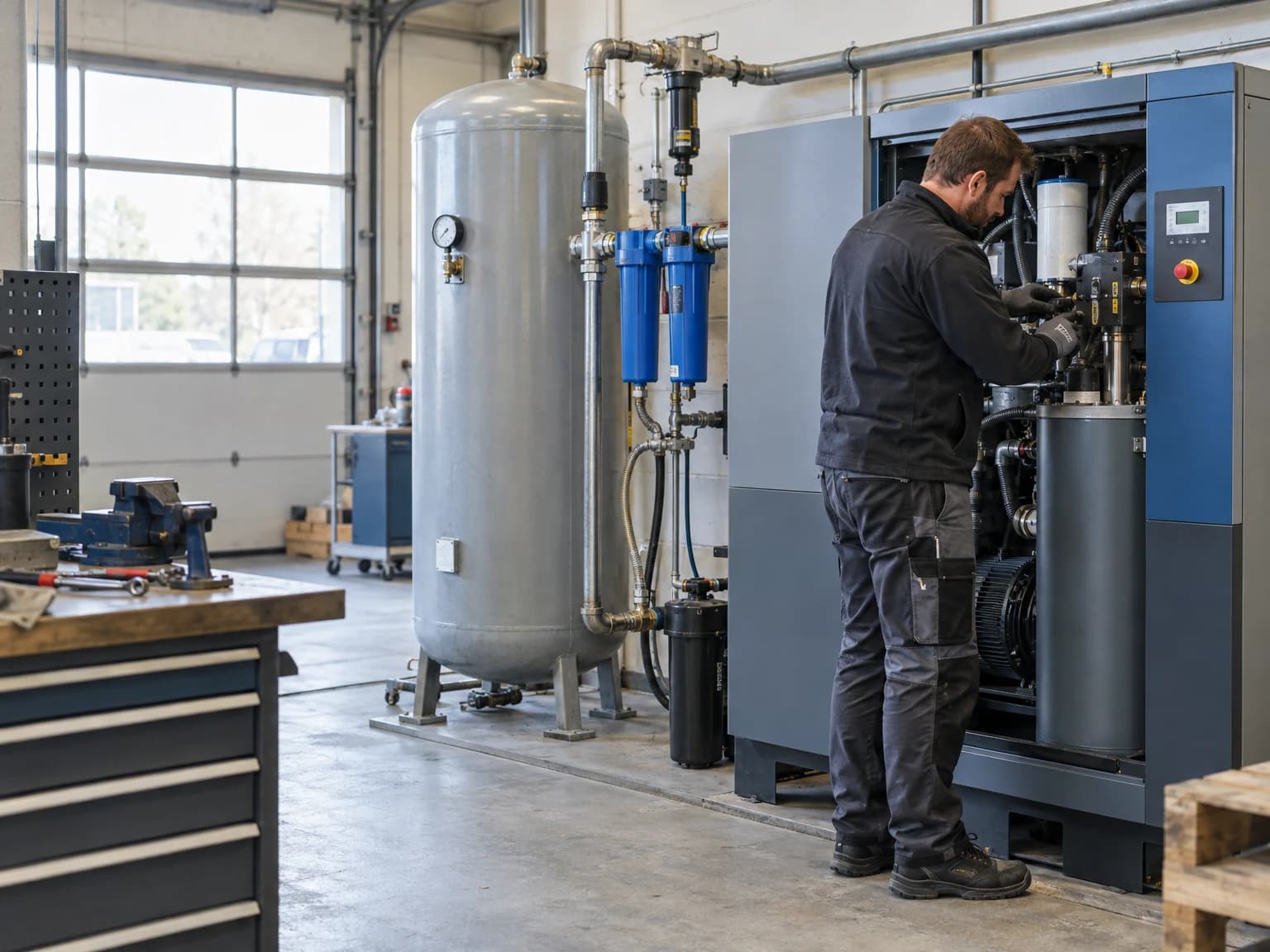 Techniker wartet einen Schraubenkompressor mit Druckluftbehälter