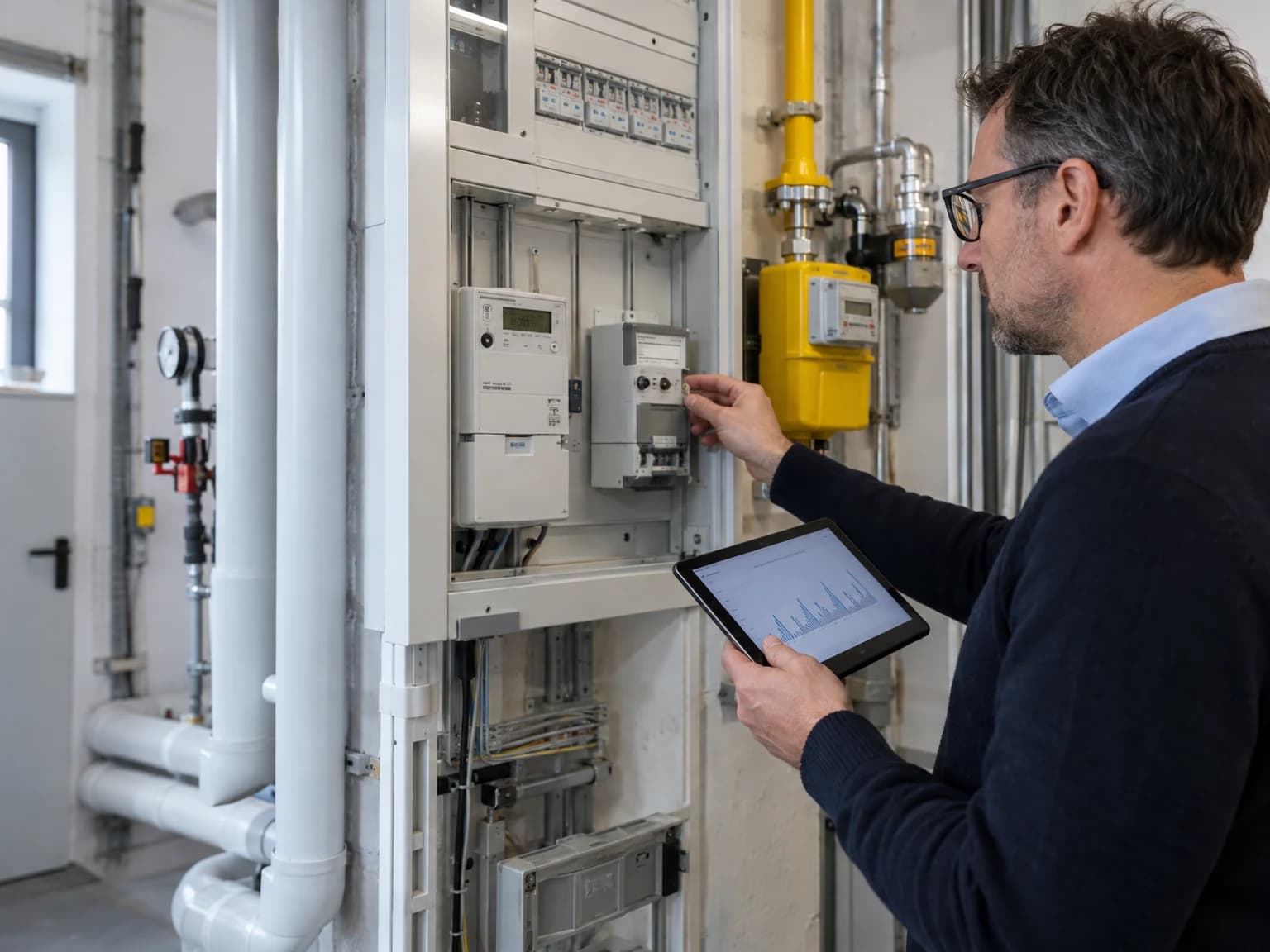 Energiebeauftragter liest Strom- und Gaszähler im Hausanschlussraum ab