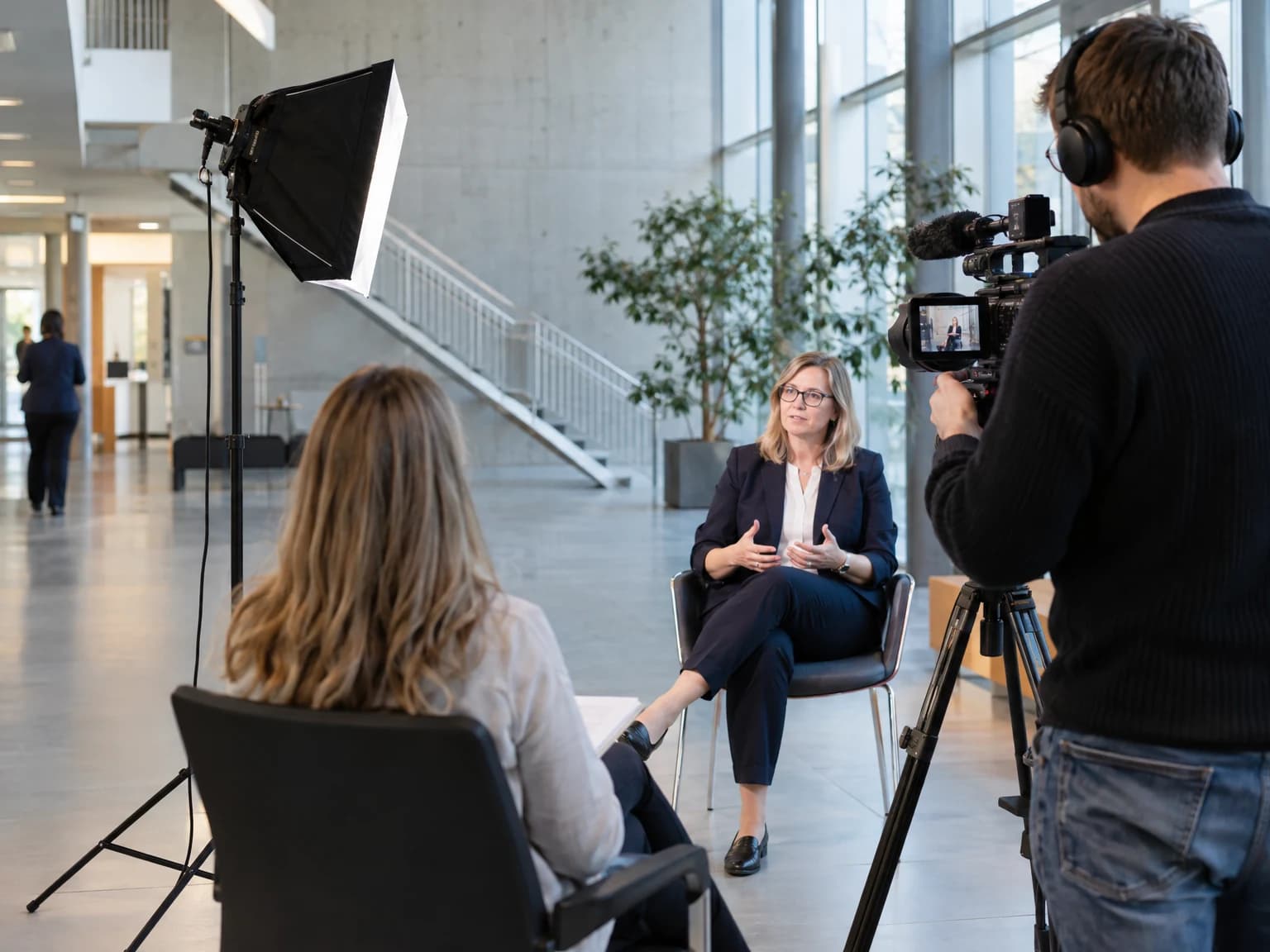Kamerafrau filmt ein Interview in einem öffentlichen Gebäude